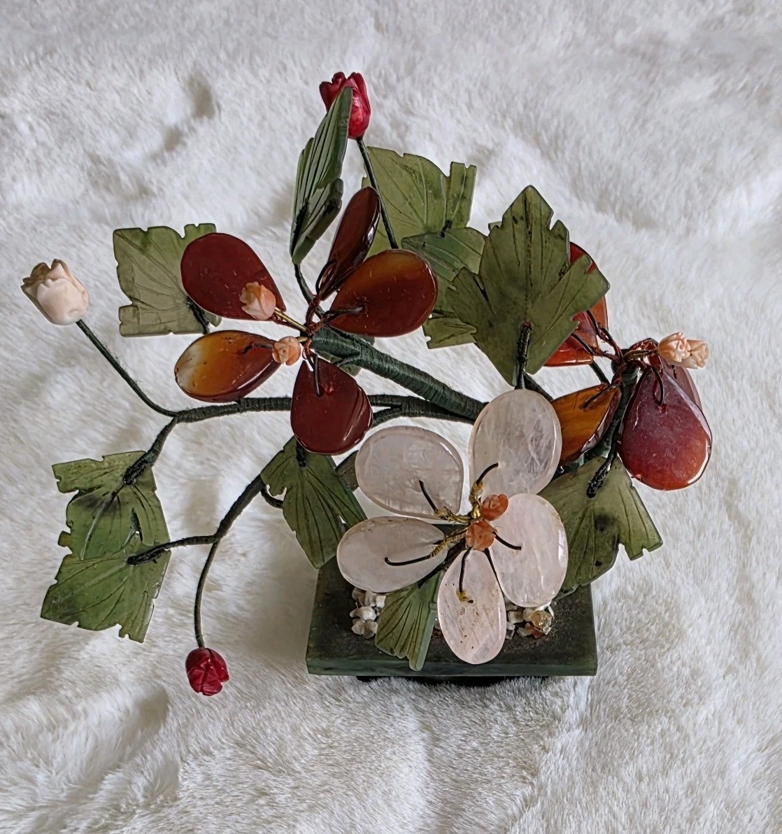 Small Hand Carved Chinese Jade & Semiprecious Stone Flower Bonsai Tree Figurine