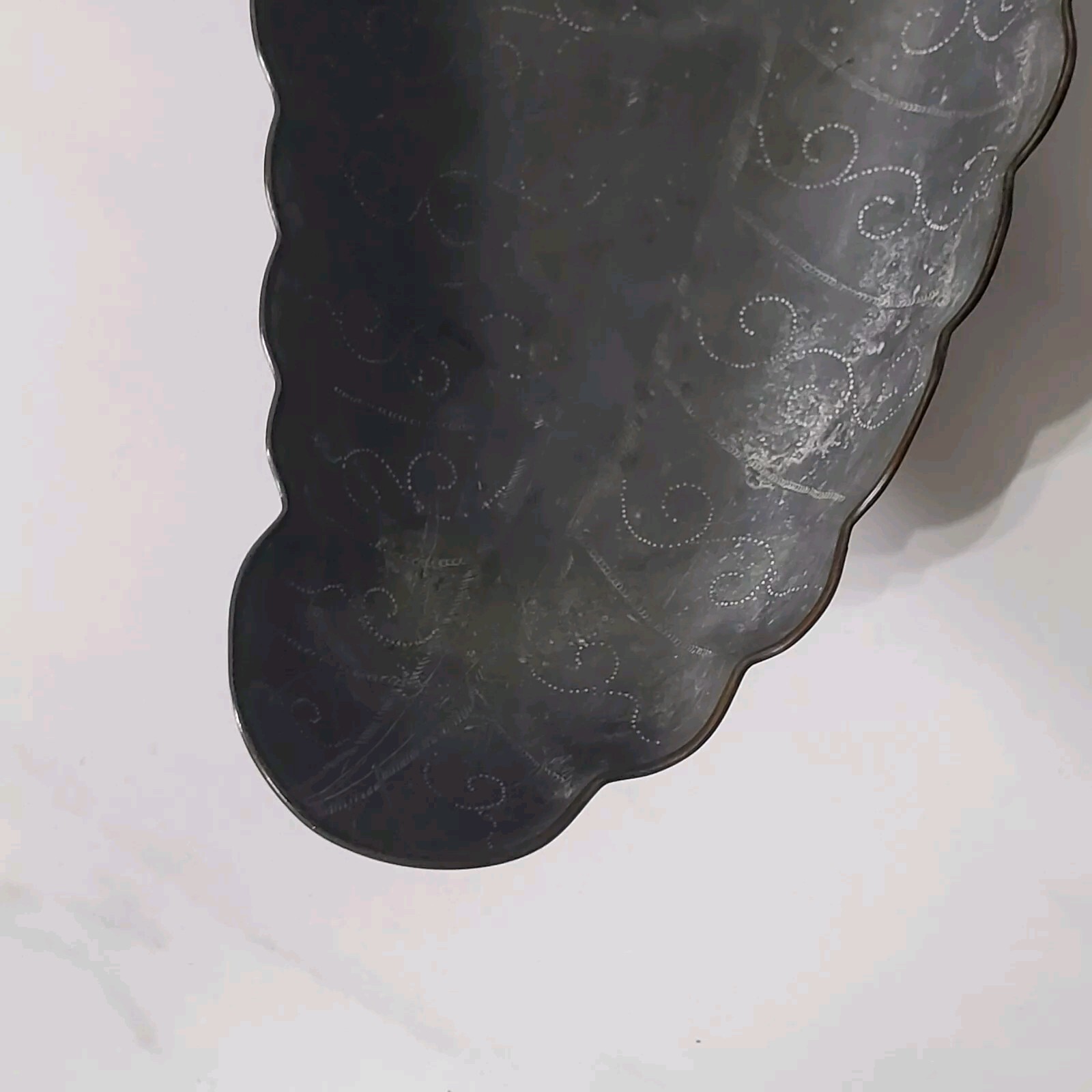 Vintage Chinese Pewter Etched Leaf Shape Tray with Semi-Precious Stones