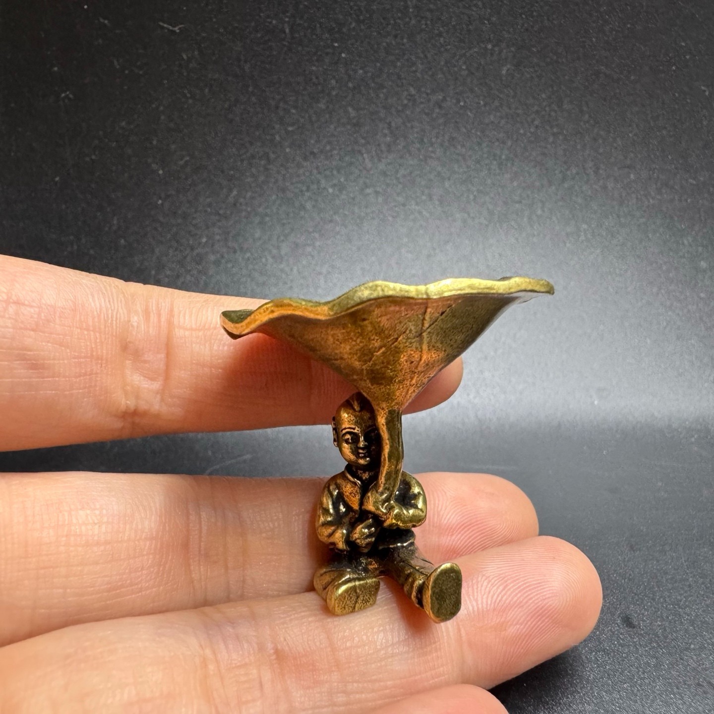 Vintage Brass Boy Holding Lotus Leaf Tray Incense Holder Tiny Jewelry Storage