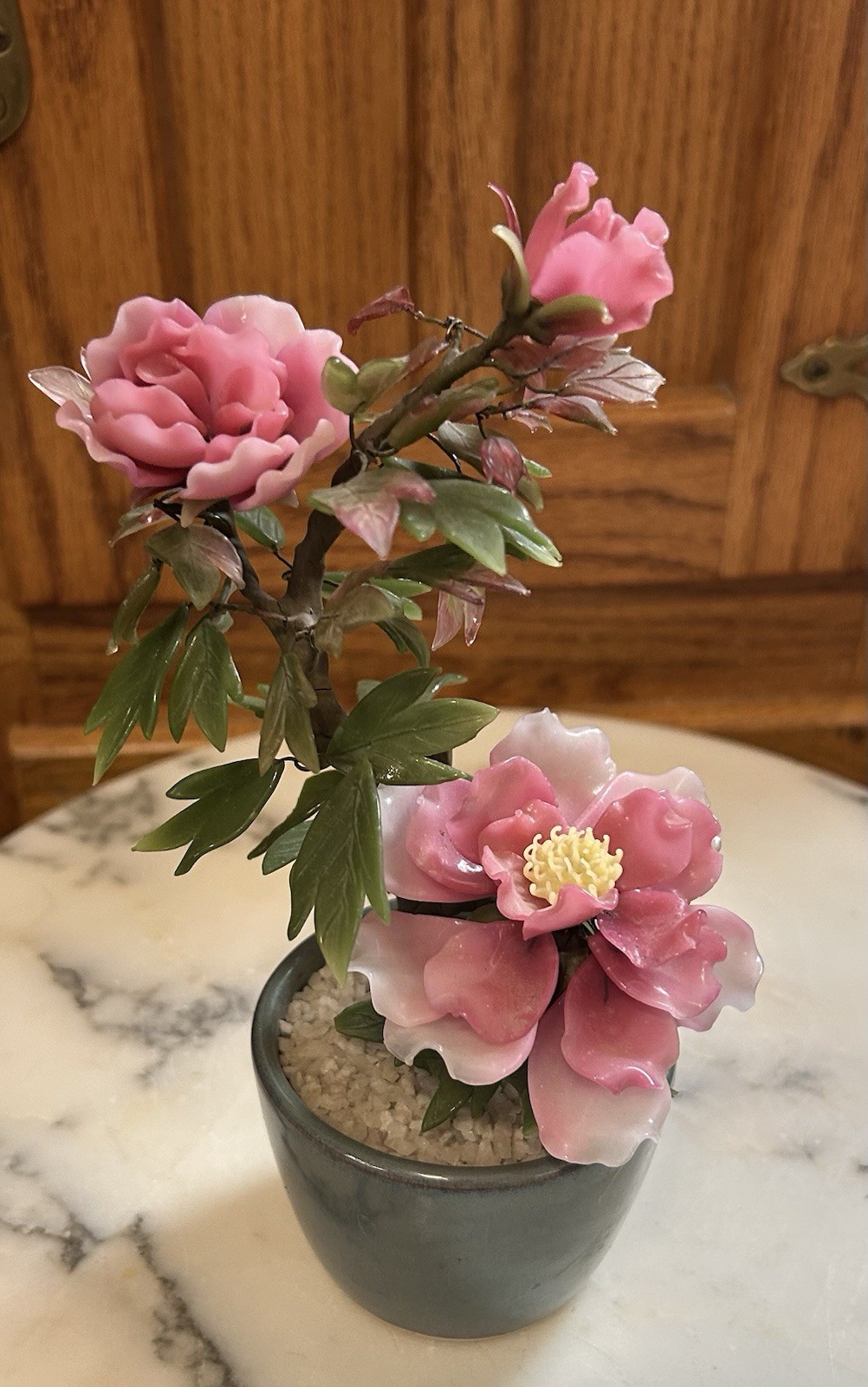 Vintage Chinese Jade Glass Leaves Pink Peony Flowers Bonsai Tree Green Celadon