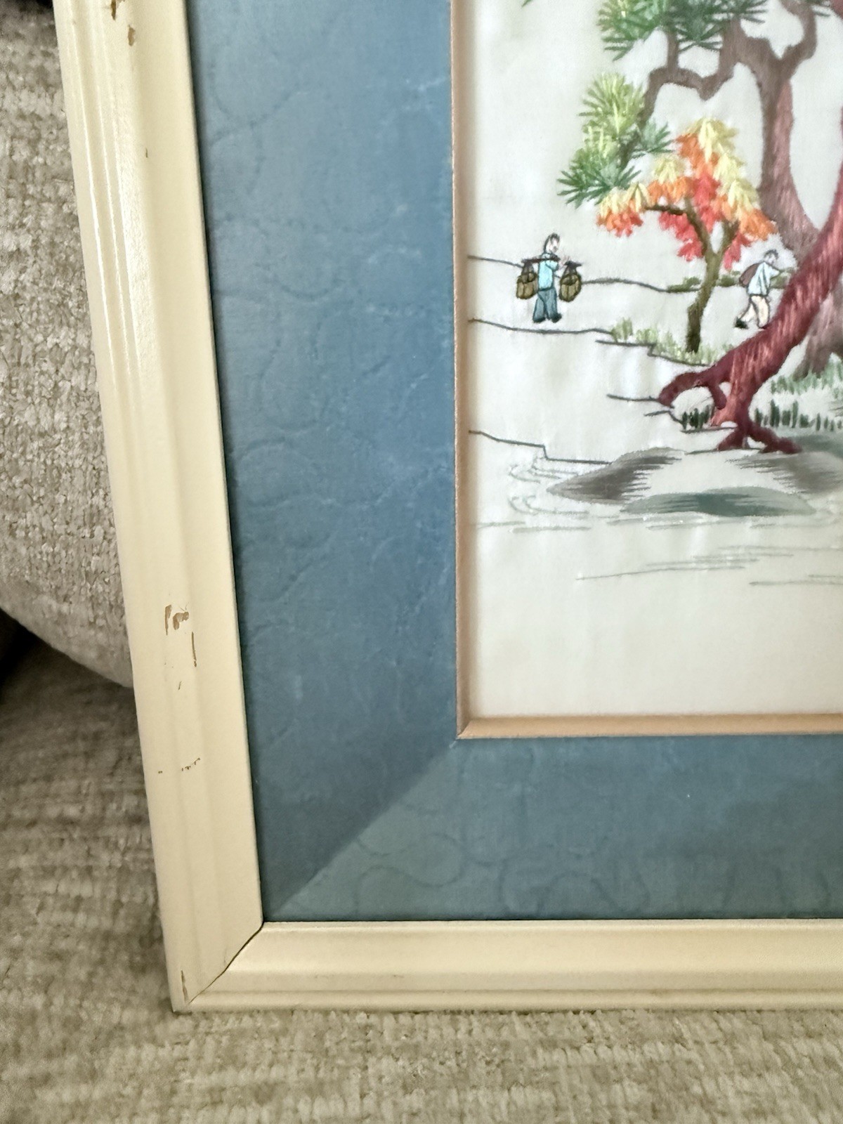 VINTAGE Chinese Landscape Fine Silk Embroidery Scenic Artwork Framed 22 x 16.5″