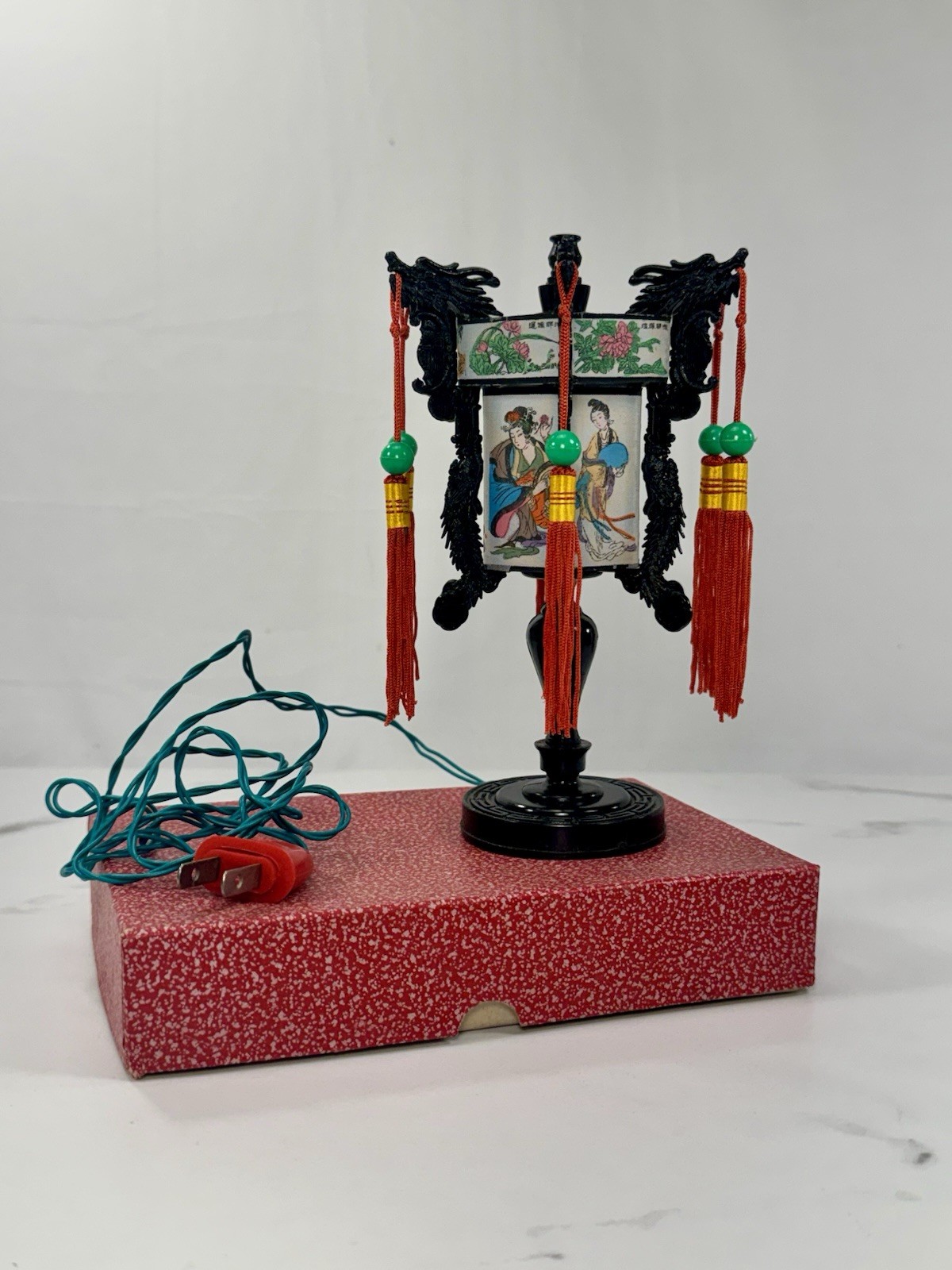 Vintage Chinese Dragon Lantern Table Lamp Light Asian Decor Red Tassels w Box