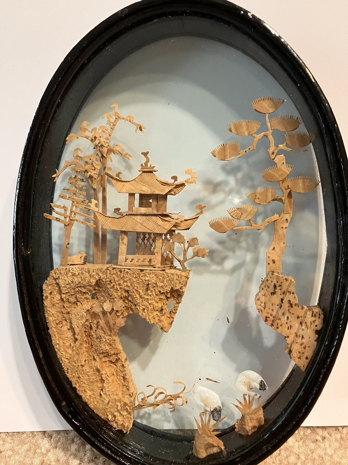 Vintage Chinese Cork Carving Diorama Set Of 2 Lot Cranes Pagoda Lacquered Wood