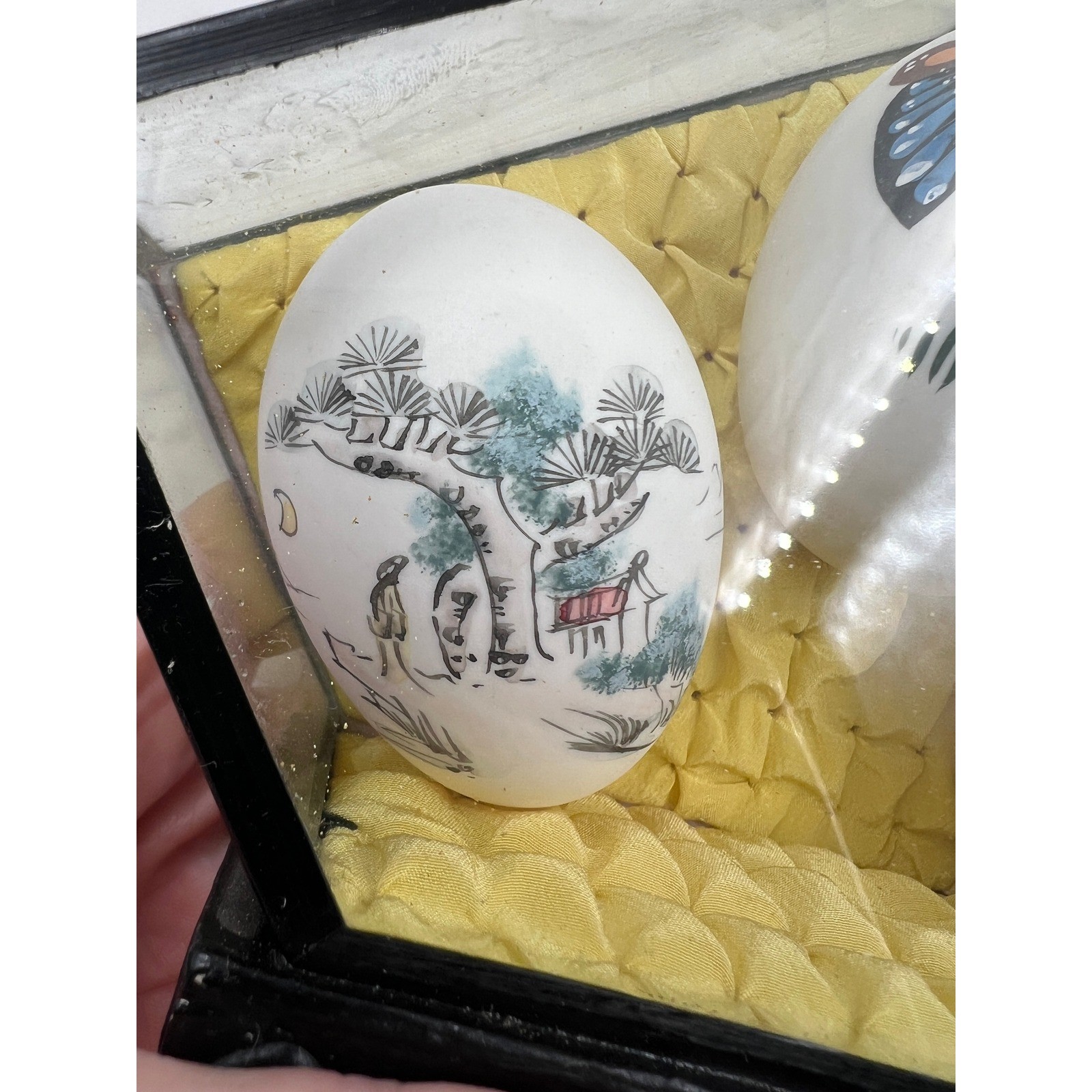 Vintage Chinese Hand Painted Egg Art Set 3 Butterfly Floral Landscape Glass Case