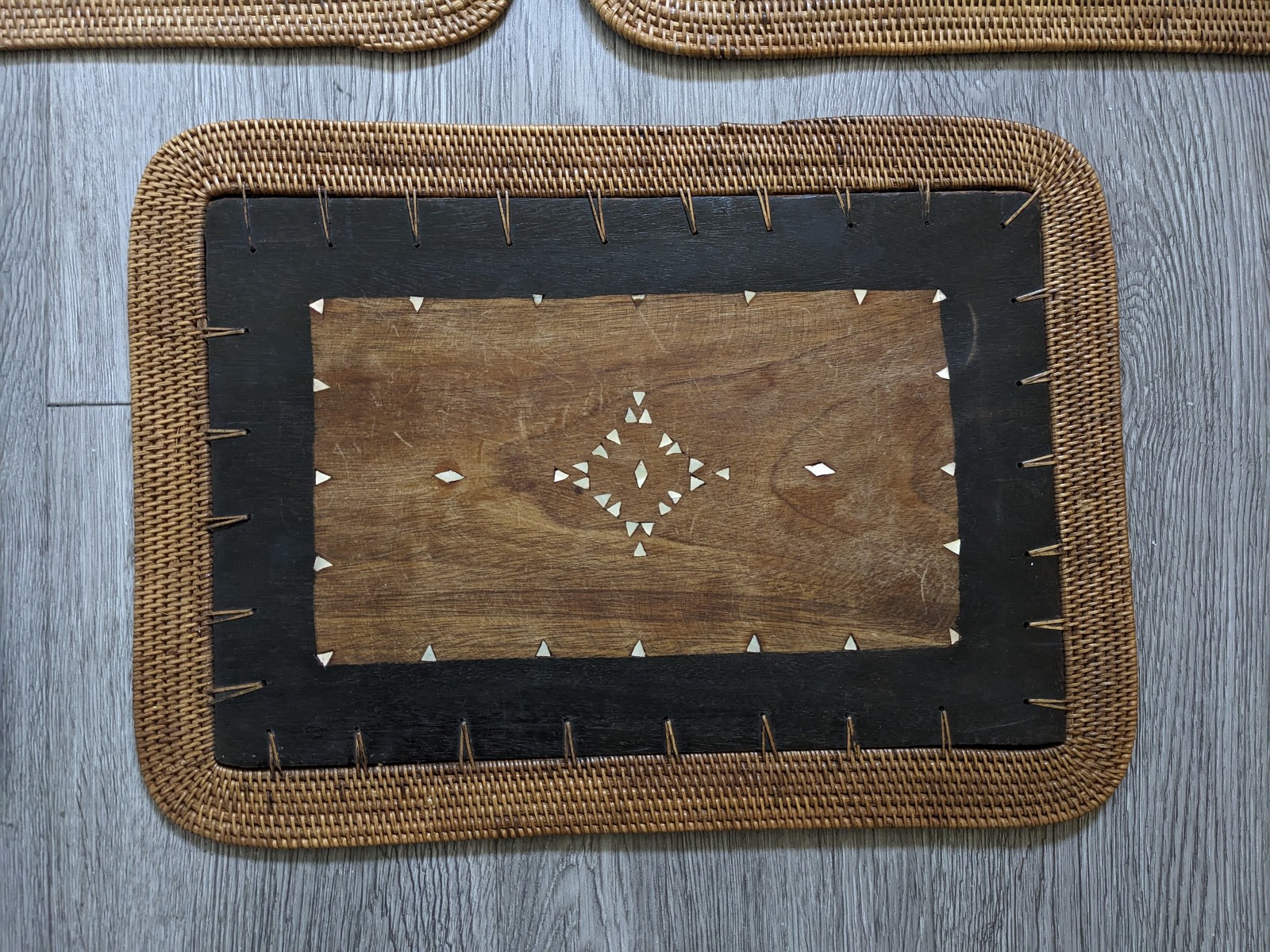 Vintage Mid Century Rattan Wood Placemats Shell Inlay Chinese Coin Boho Set of 8