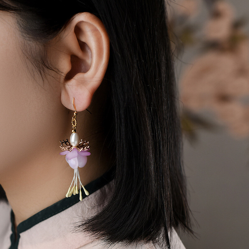 Chinese Coloured Glaze/Pearl Flower Gild Tibetan Style Fashion Earbob Earrings