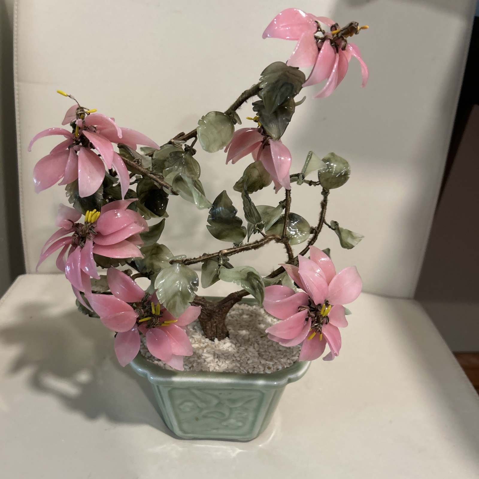 Vintage Large Asian Jade Glass Flowering Pink Cherry Blossom Bonsai Tree Decor