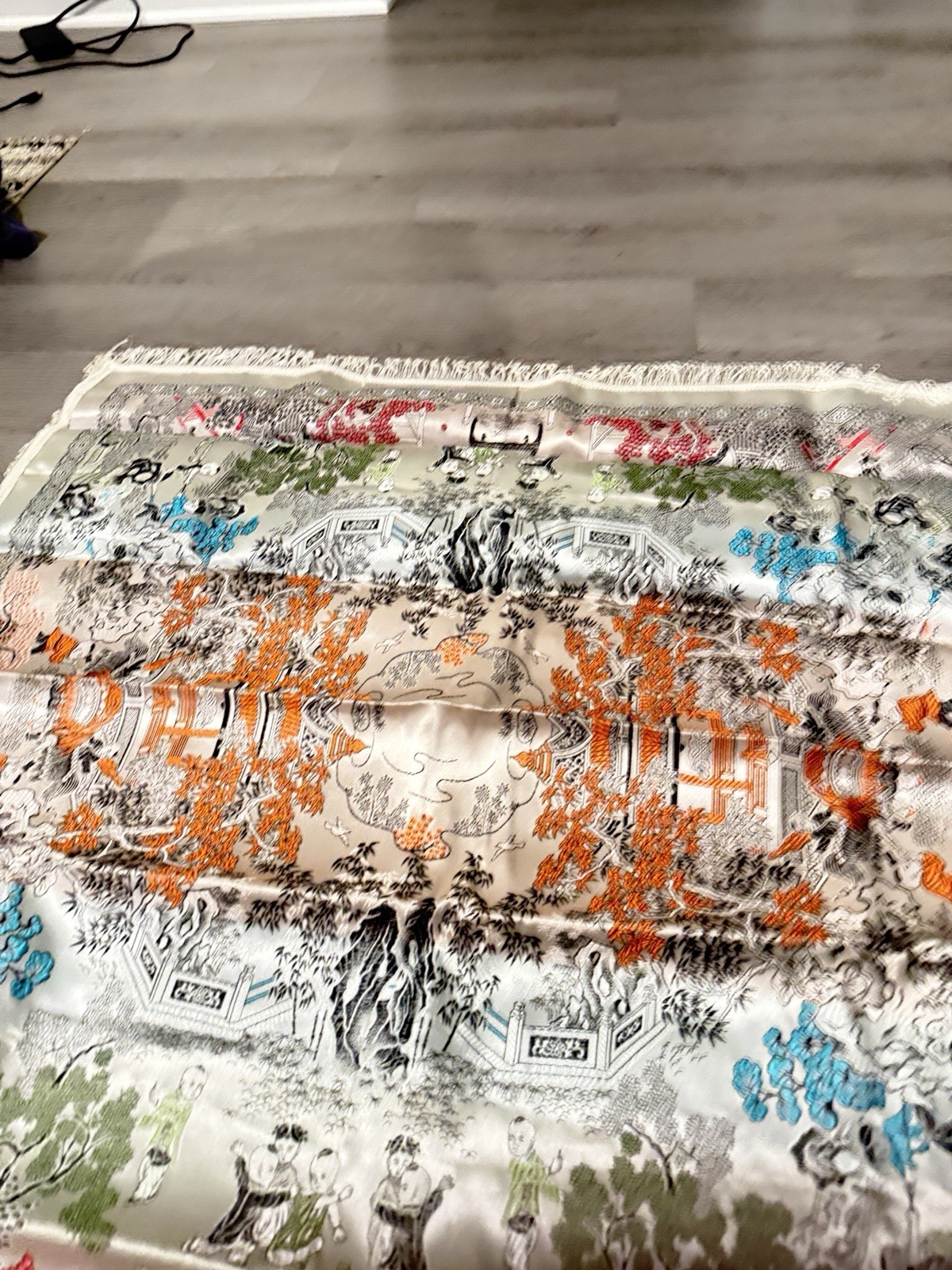 Vintage Brocaded Flowers Chinese Silk Tapestry Children Table Cloth – 36×39 In
