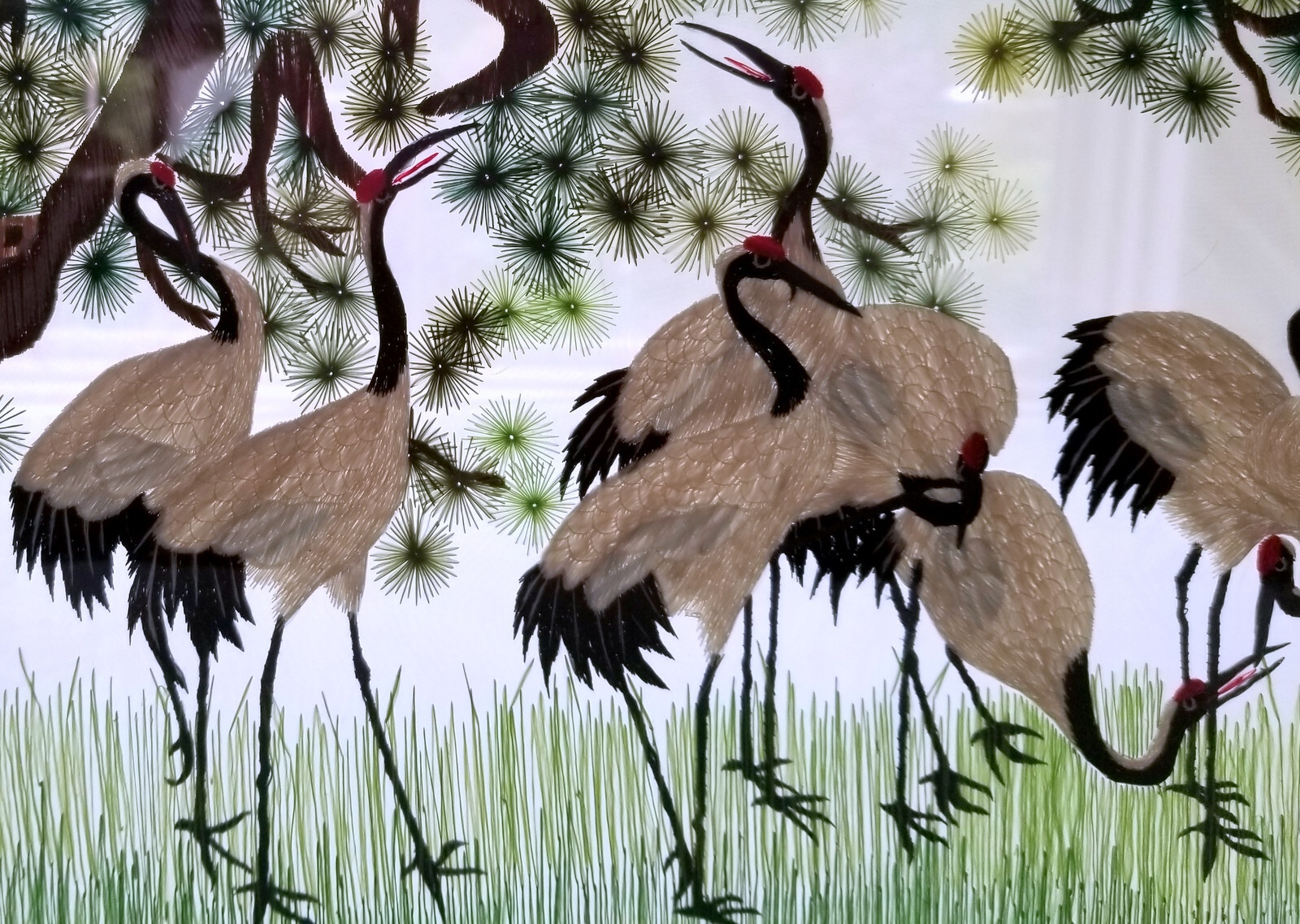 Vintage Chinese Su Silk Embroidery Double Sided Frmd 20.5″ Red Crowned Cranes