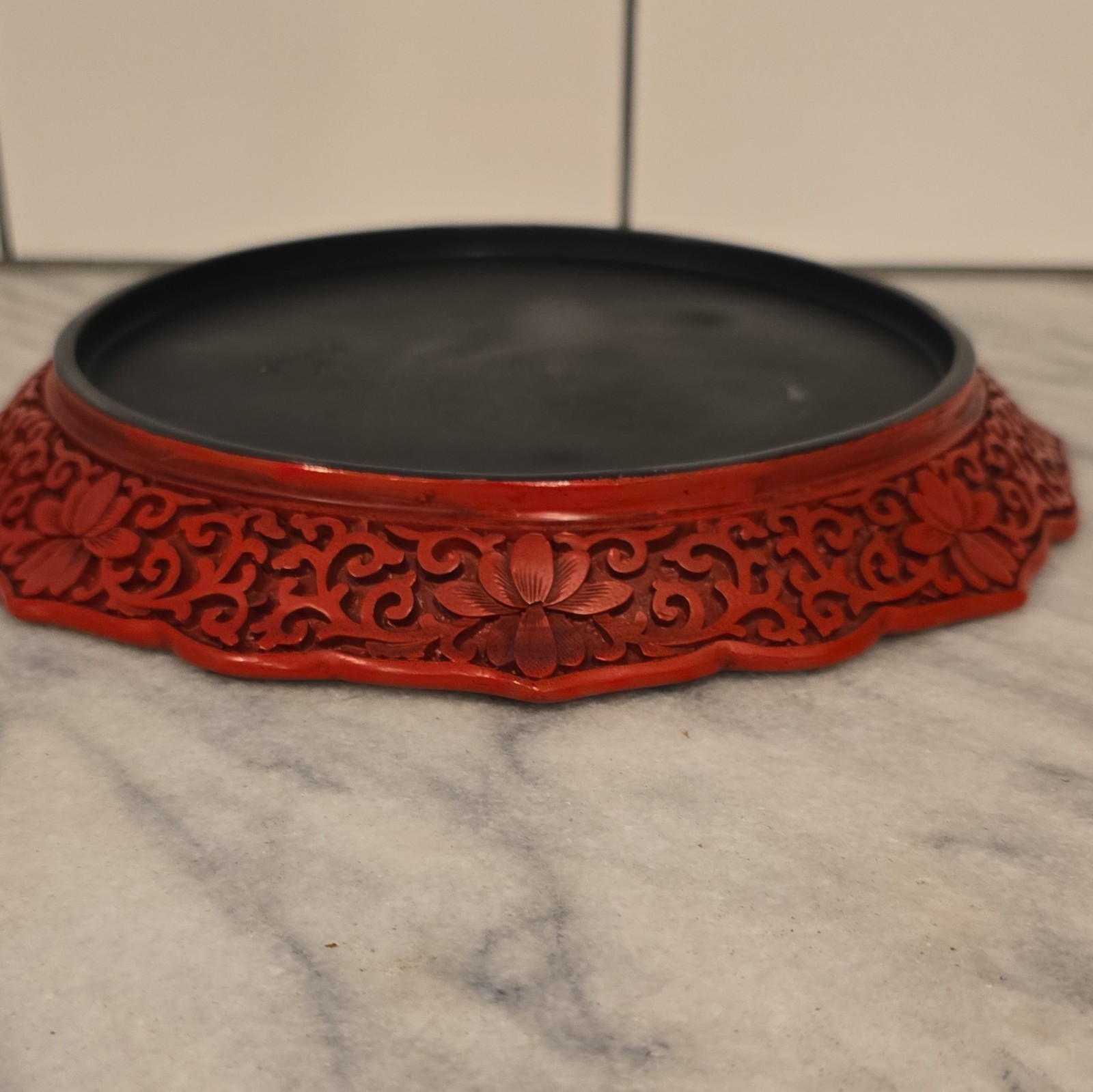 Chinese Cinnabar-Style Red Lacquer Carved Dish Plate Scenic Landscape Boat