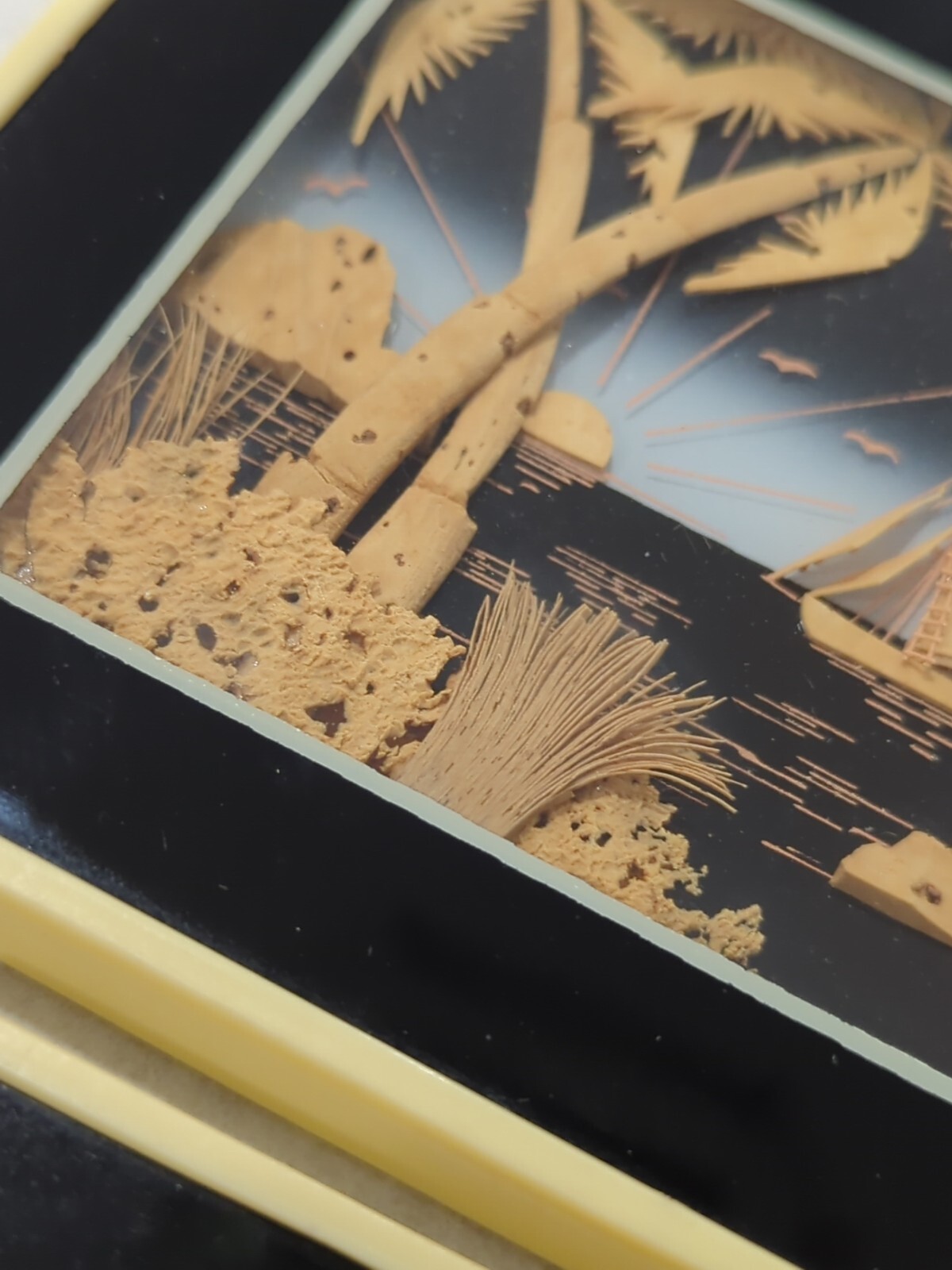Set of 2 Stunning Vintage Carved Cork Seascape Ship 3D Shadow Box Diorama Framed