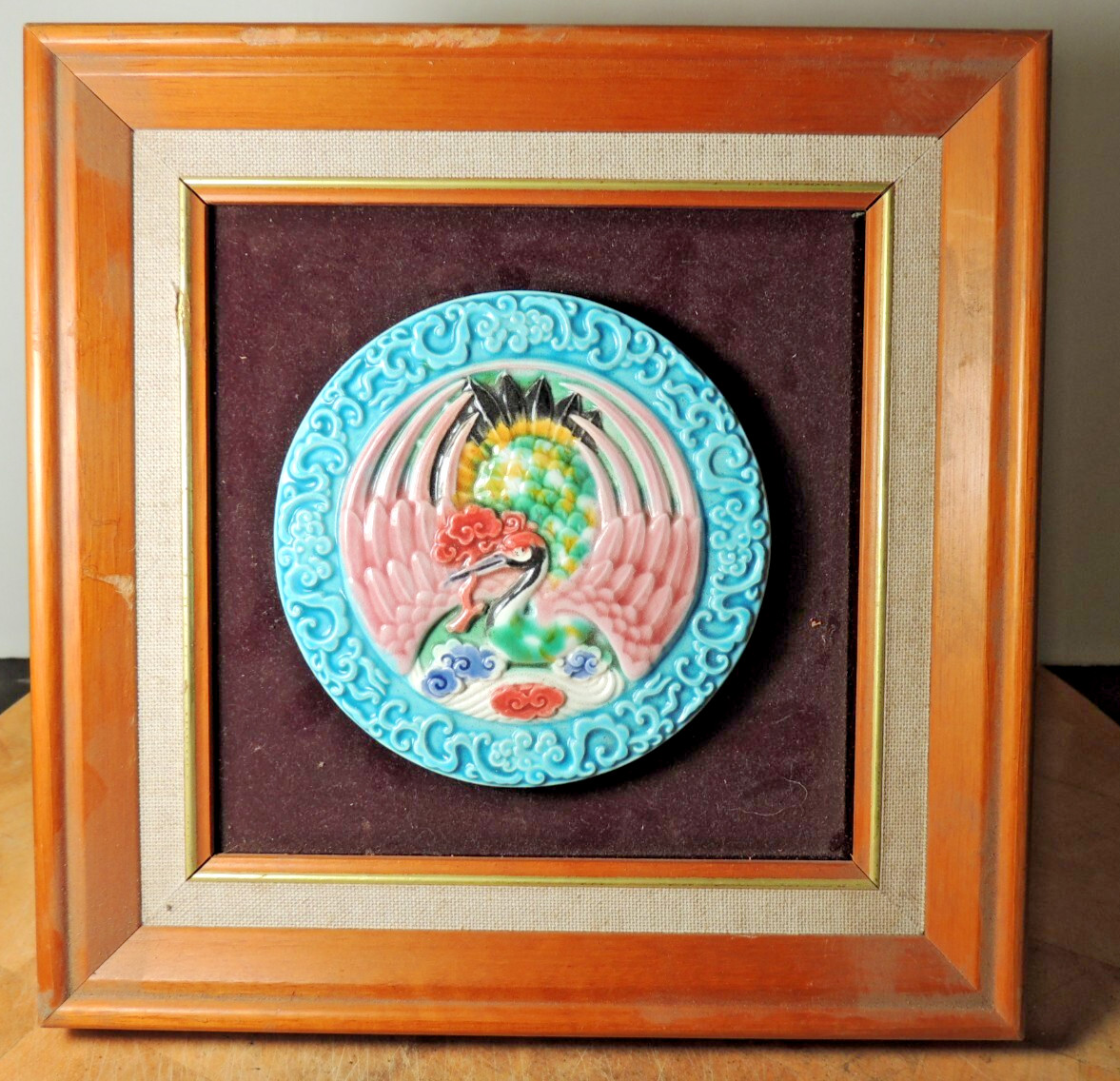 Vintage Chinese Porcelain Wall Plaque Crane Flowers Framed