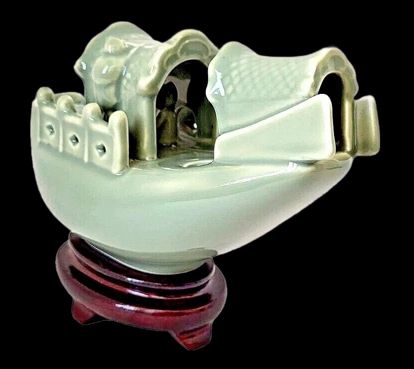 Yi Lin Arts and Treasures Celadon Boat and Wooden Stand with Silk Brocade Box