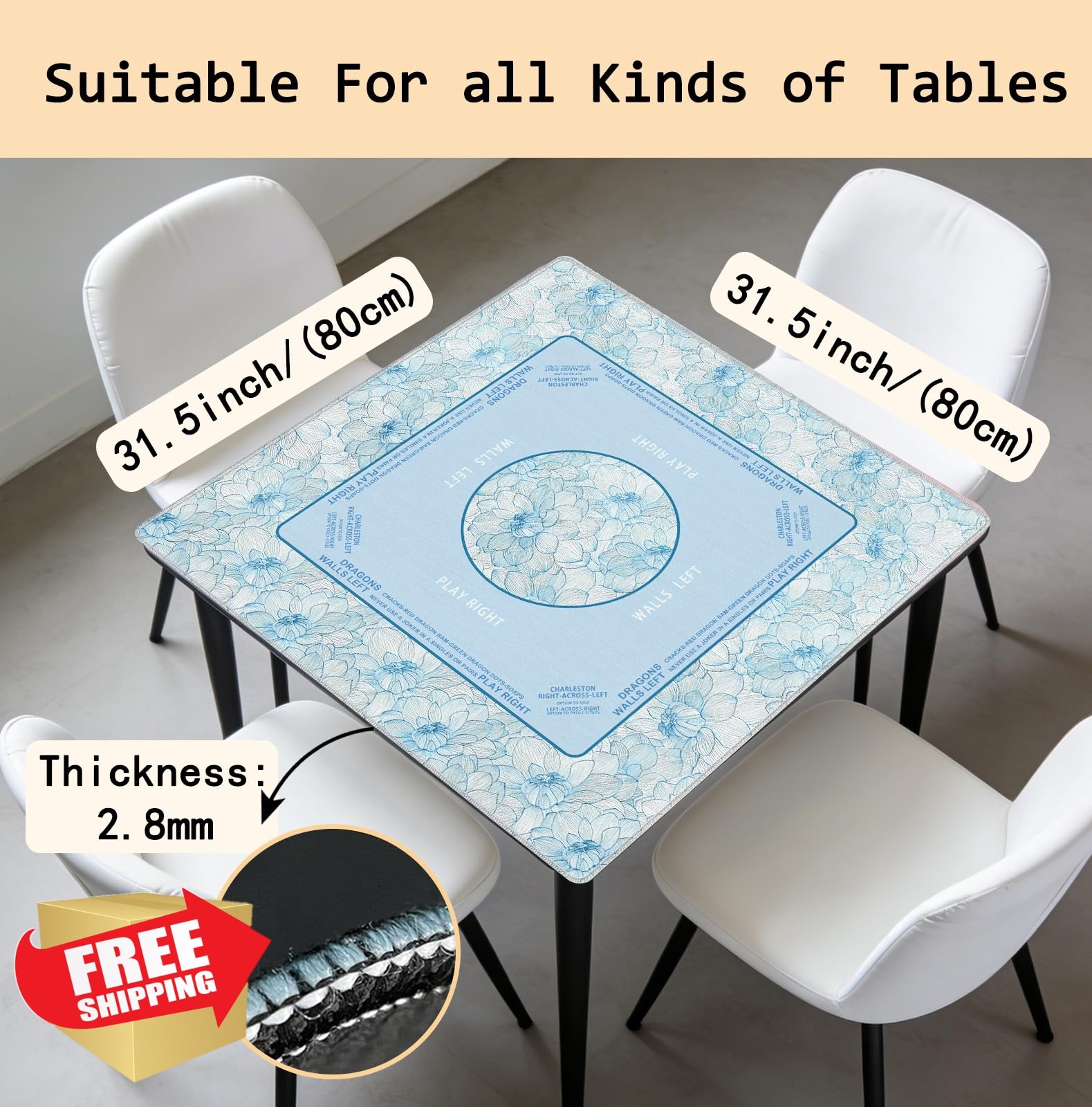 FDHSPAAM Blue Chinoiserie Floral Mahjong Mat 31.5 x 31.5 Inch, Elegant Asian …