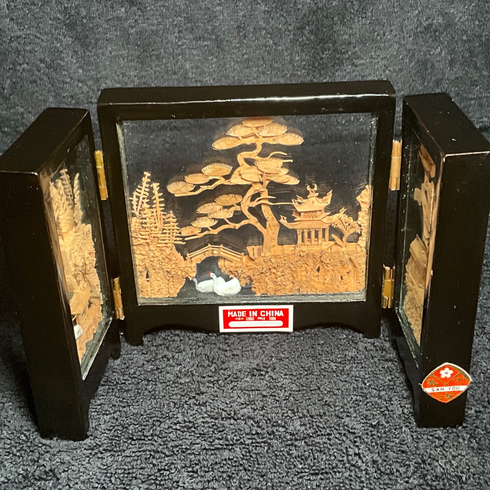 2x-VTG SAN YOU Tri-Fold Oriental Hand Carved Cork Pagoda Diorama w Cranes