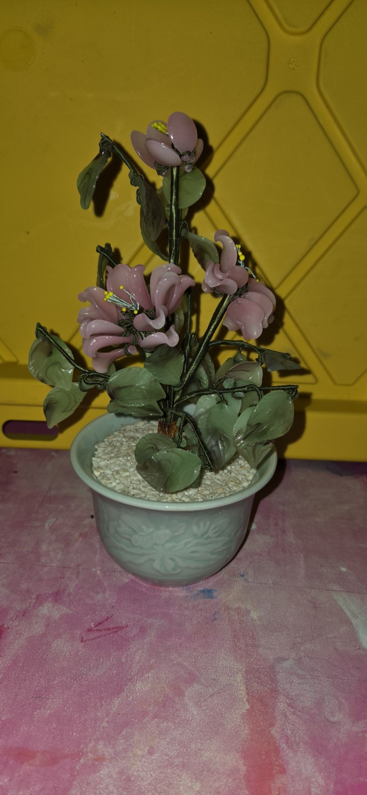 Vintage Chinese Jade & Glass Bonsai Tree Pink Flowers