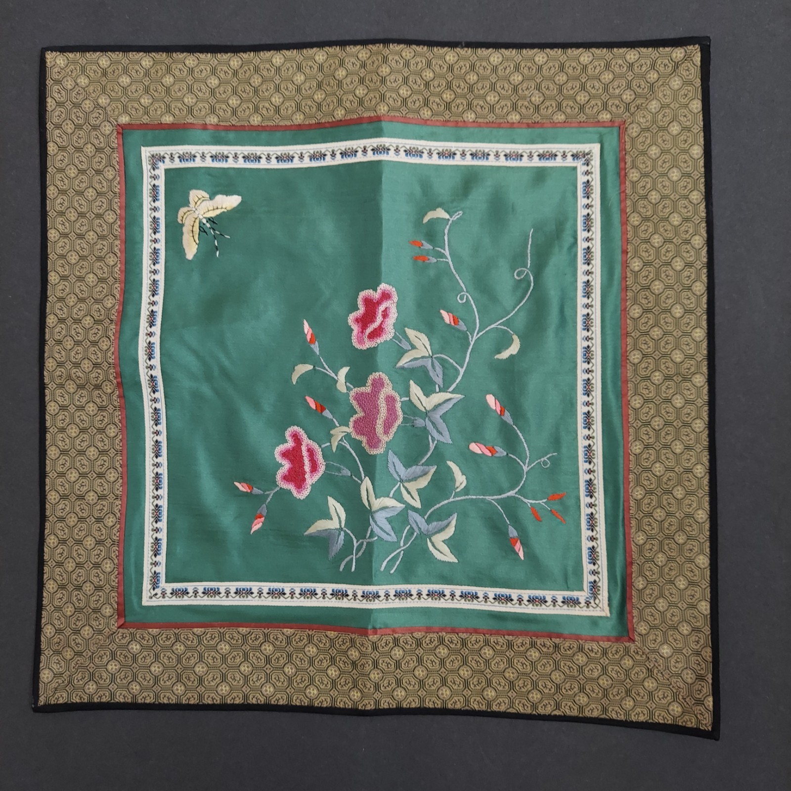 2 VTG Chinese Silk Embroidery Butterfly & Flowers Square Table Mat / Doily 14×14