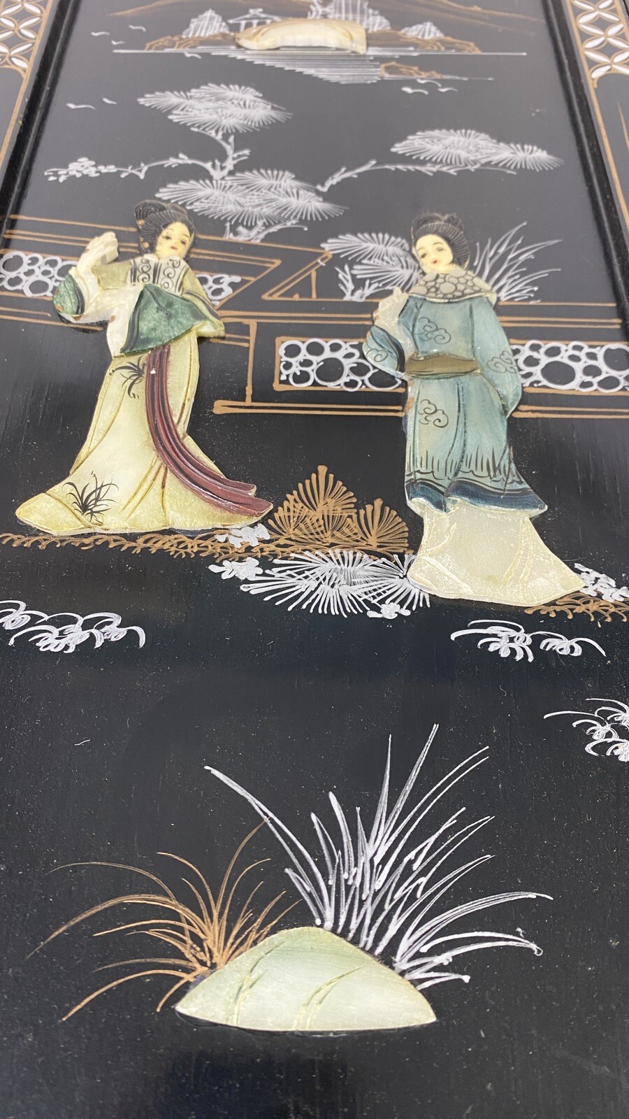 Vtg Lacquered Macau Black Wall Panels Mother of Pearl Decoration Asian Set 3