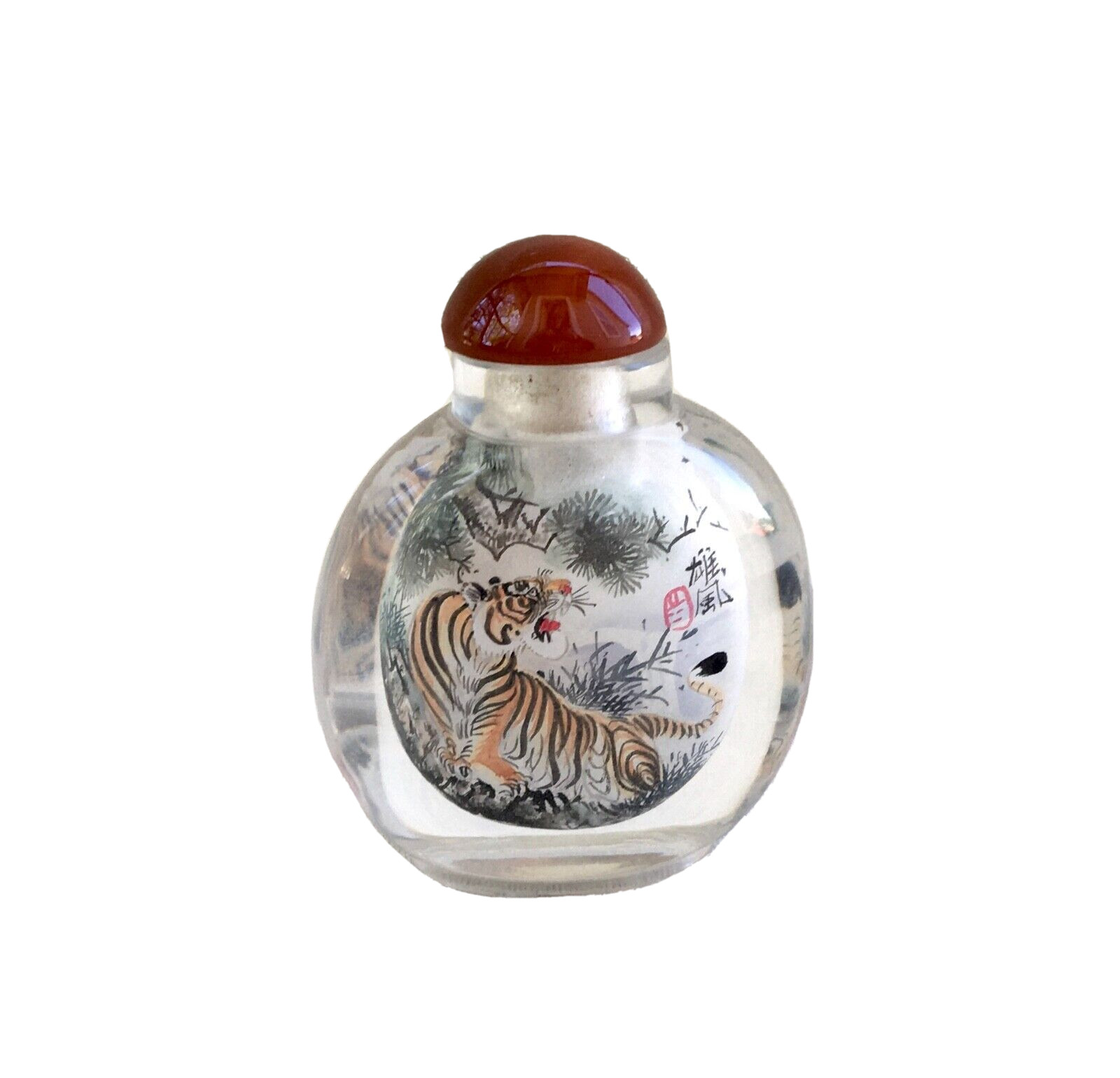 Vintage Original ‘Turning Tiger’ Hand Carved Crystal Snuff Bottle, 2-7/8″Tall