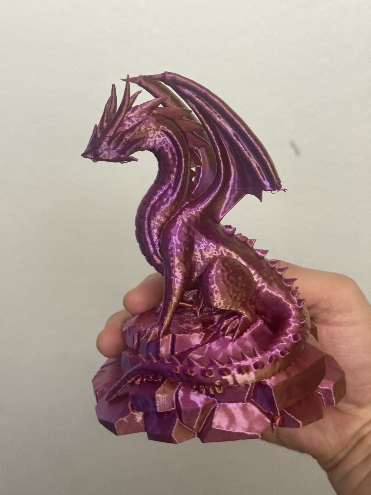 BICOLOR Dragon Figurine (Violet & Gold) Mouth Damaged! – H 6.5” × W 5” × D 4.5”