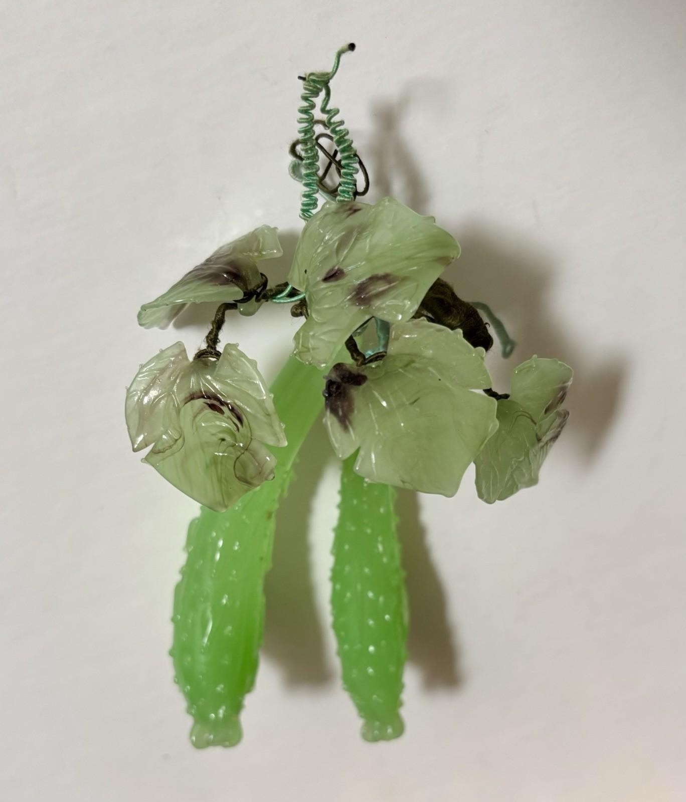Vintage Chinese Jade Green Glass Pair of Cucumbers with 5 Jade Green Leaves