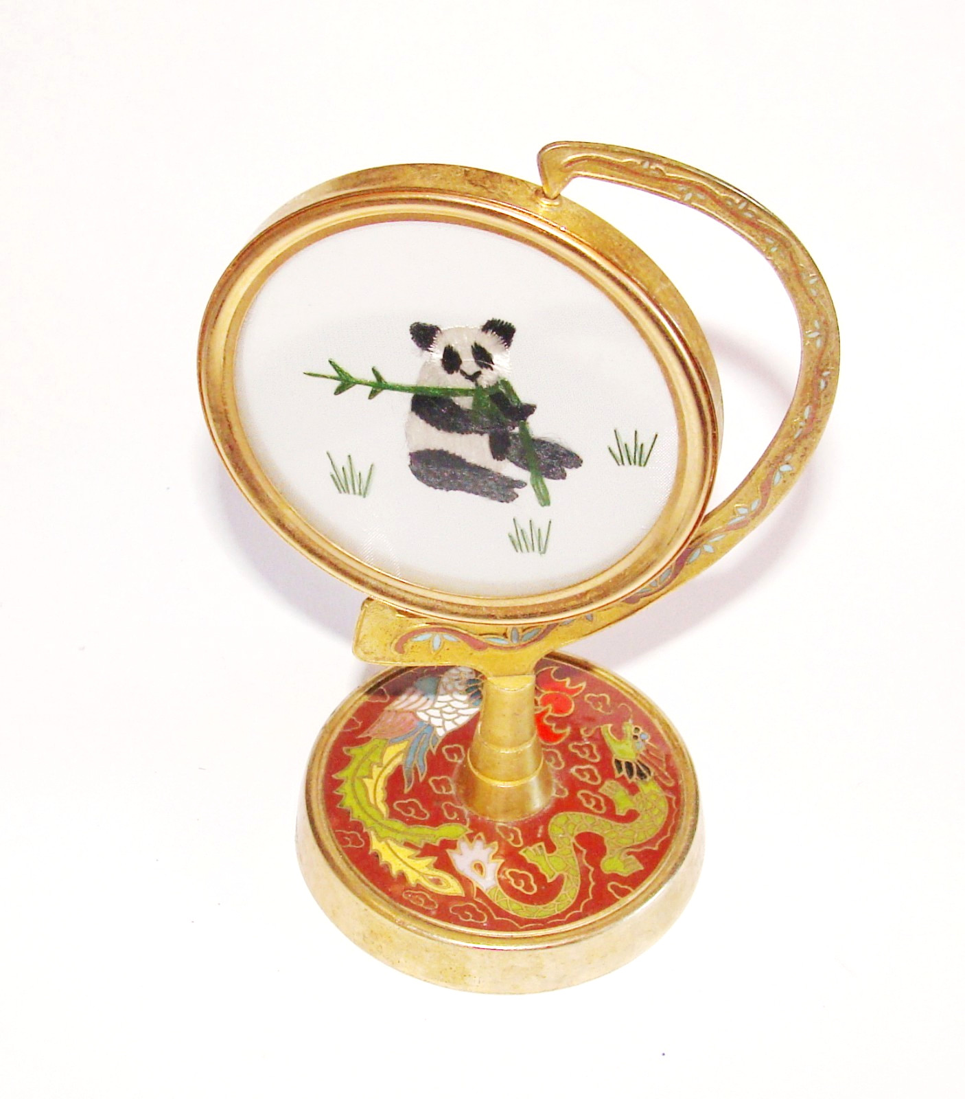 Vtg Chinese Embroidery Suzhou Silk 2-Sided Panda Enamel Cloisonne Spinning Stand