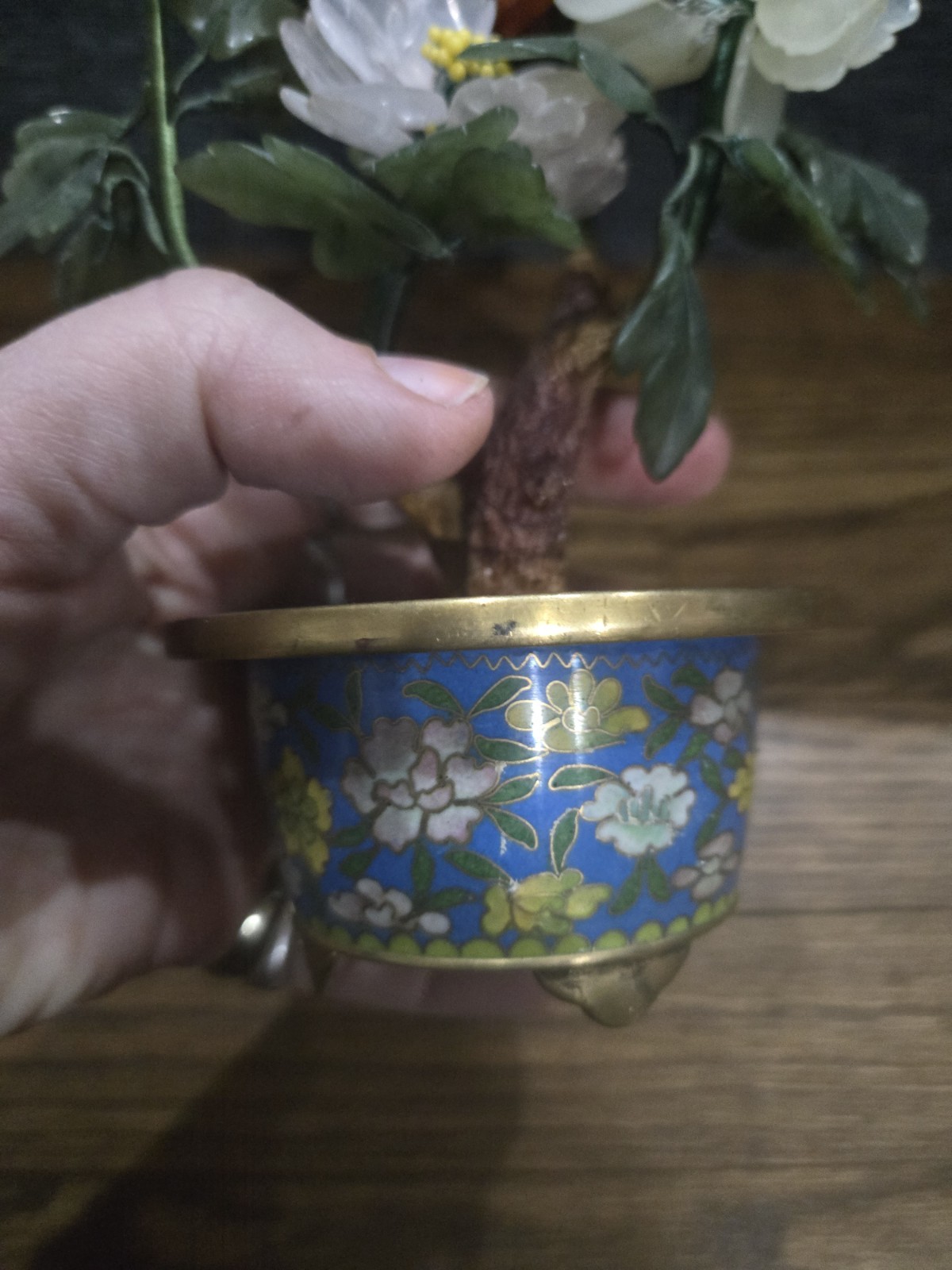 Antique Jade Amber Quartz Flowering Tree in Bronze Cloisonne Planter