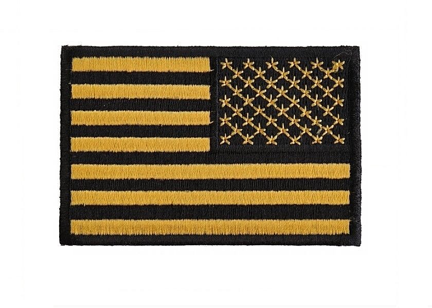 REVERSED Black & Gold 3″ x 2″ American Flag iron on patch (4633) Biker (M1)