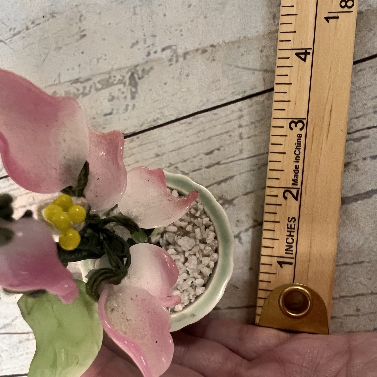 Vintage Jade Glass Bonsai Tree pink Flower Rose Quartz Celadon Pot small 4”