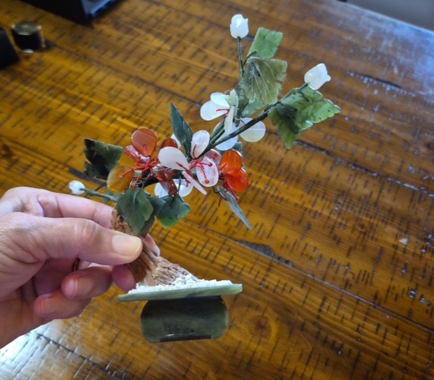 Jade Stone Bonsai Tree White Roses Carnelian Red Flowers Green Jade Leaves Base