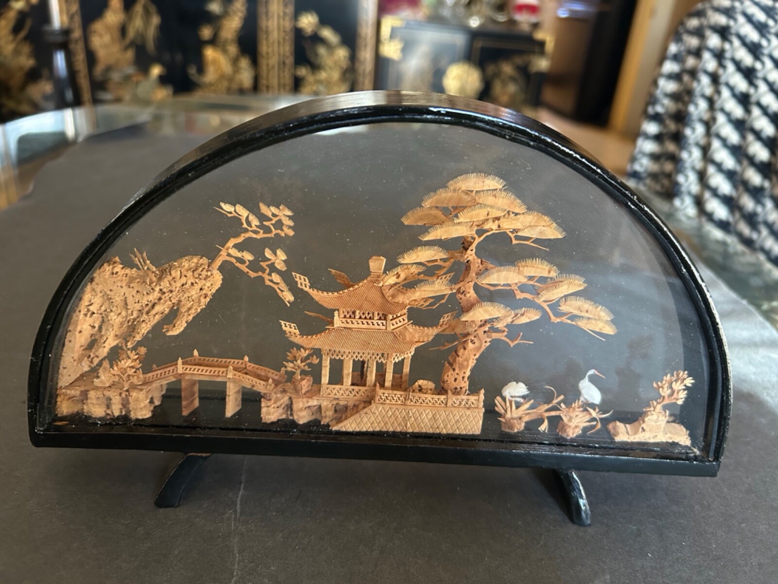 VINTAGE CHINESE SAN YOU DIORAMA CORK CARVING GLASS CASE PAGODA TREES & CRANES.