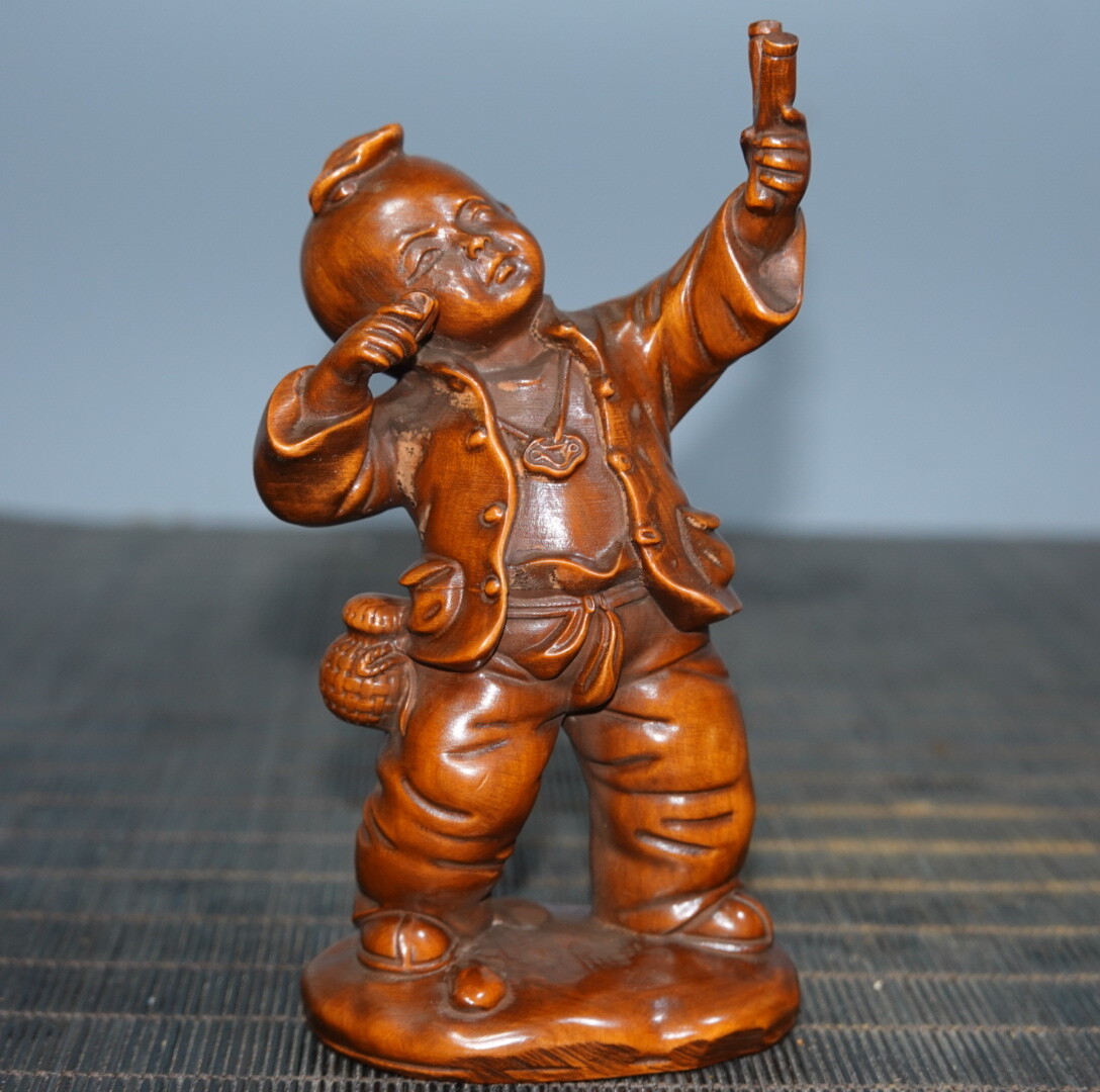 4.5″ Collect China Box-wood Carving Naughty Young Boys and Girls Statue Pair
