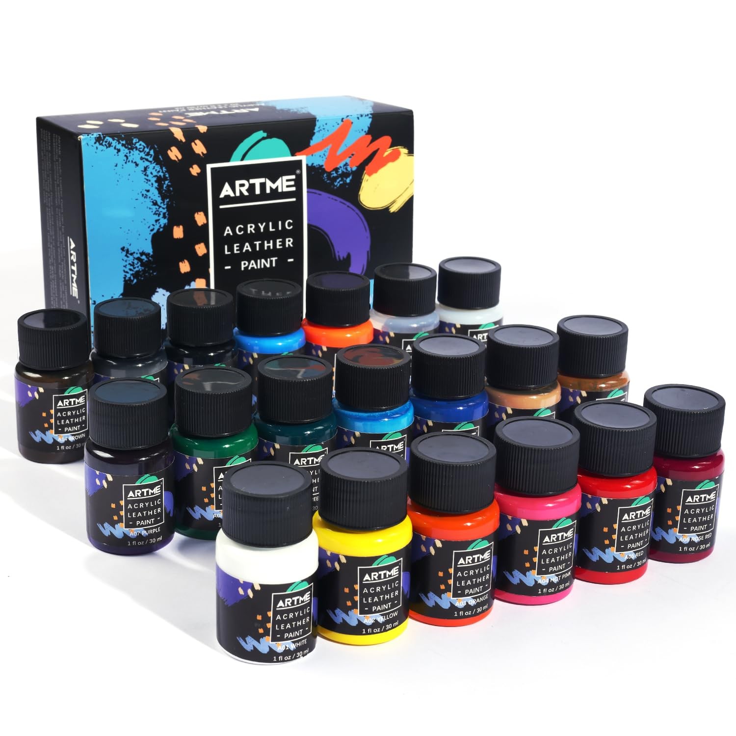 ARTME Acrylic Leather Paint Set, 20 Colors x 1 Fl Oz (Pack of 20), 20