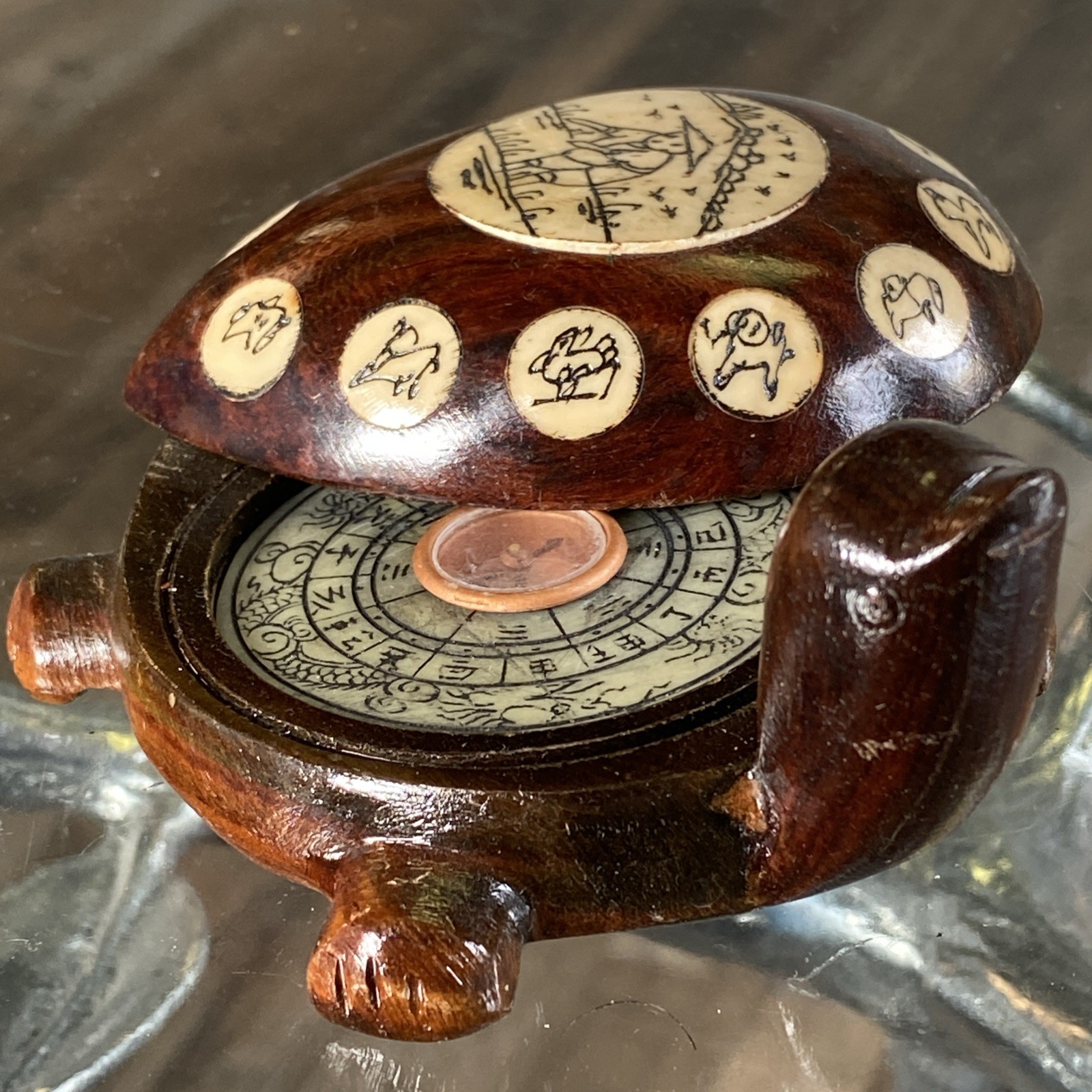 Vintage Carved Wood Turtle with Inlaid Chinese Zodiac Signs Opens to Compass 4”