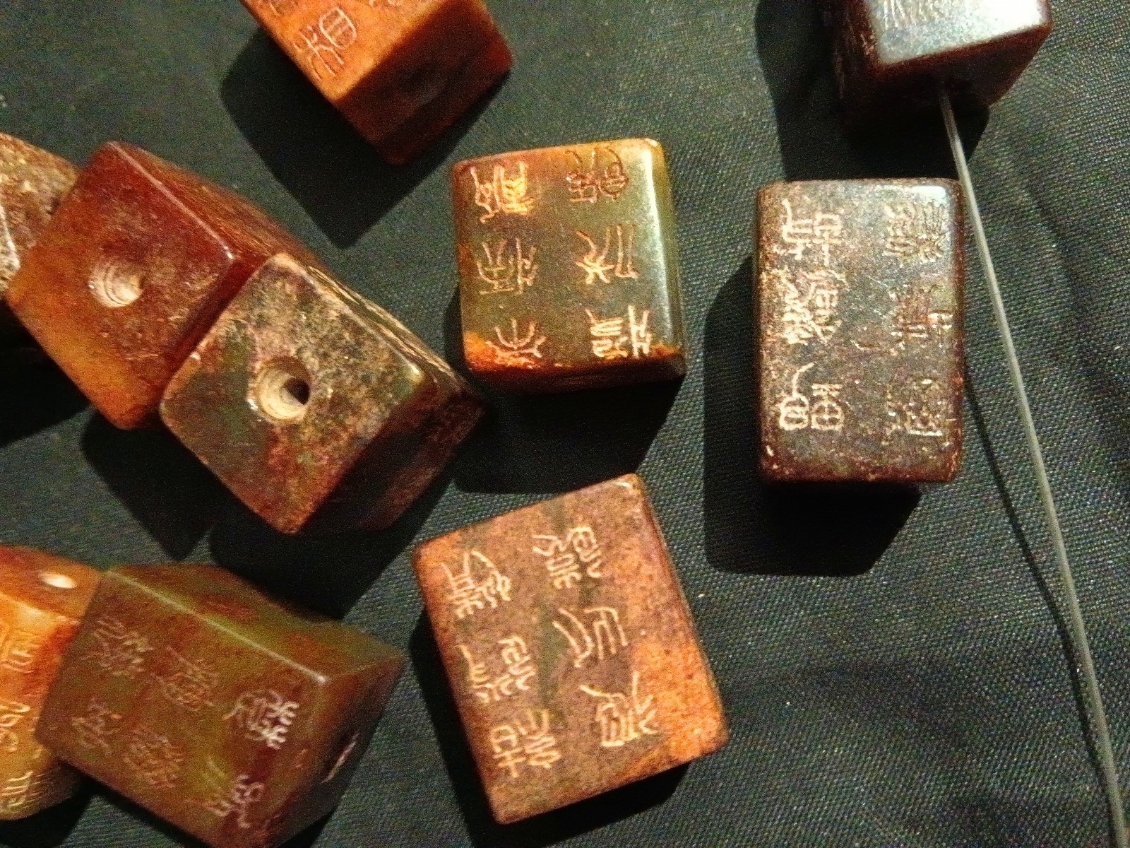 10 Pcs Unusual Chinese Old Jade Hand Carved *Poem* Square Cong Beads