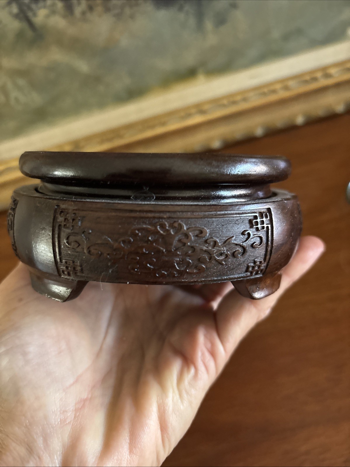 Carved Rosewood Round Footed Pedestal Display Vase Stand 4.25″