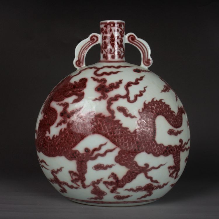 10.2″ Chinese Yuan Porcelain Red Glaze Hand Painting Animal Dragon Oblate Vase