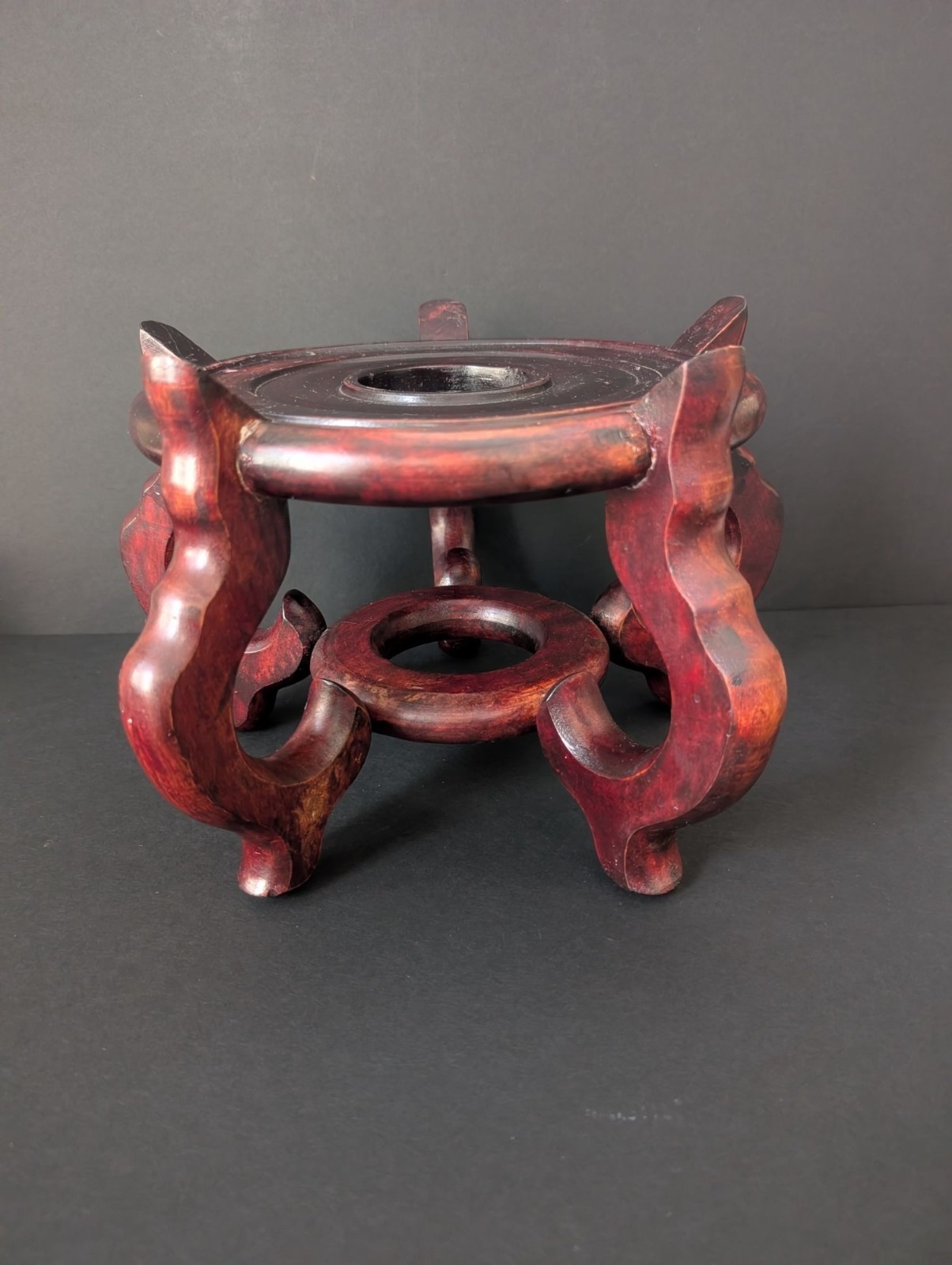 Vtg Asian Wood Fish Bowl Stand Oriental Display Base Plant Pot Holder 8.25″ High