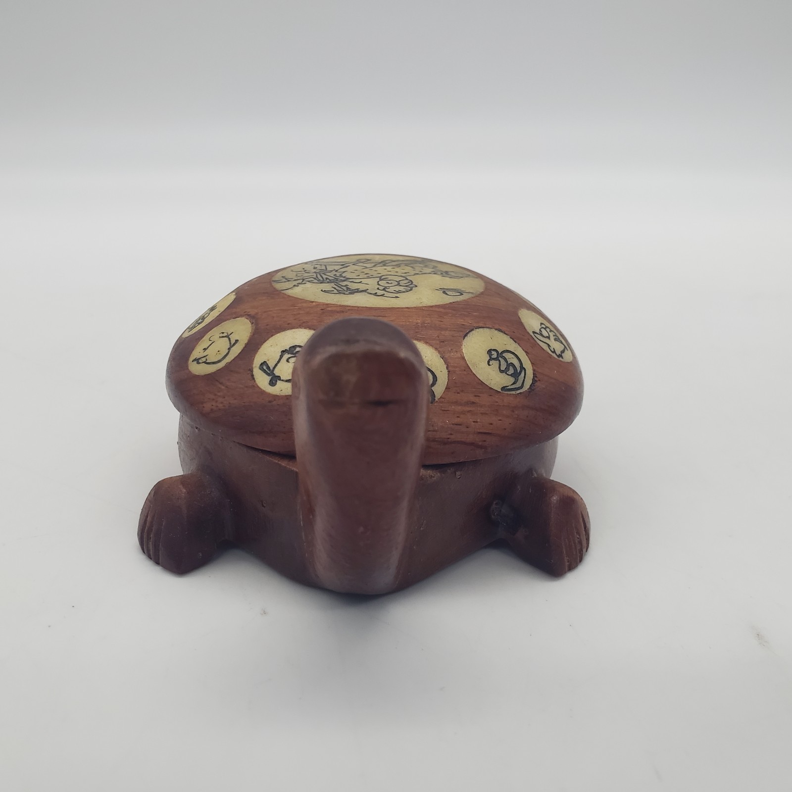 Vintage Carved Wood Turtle with Inlaid Chinese Zodiac Signs Opens to Compass