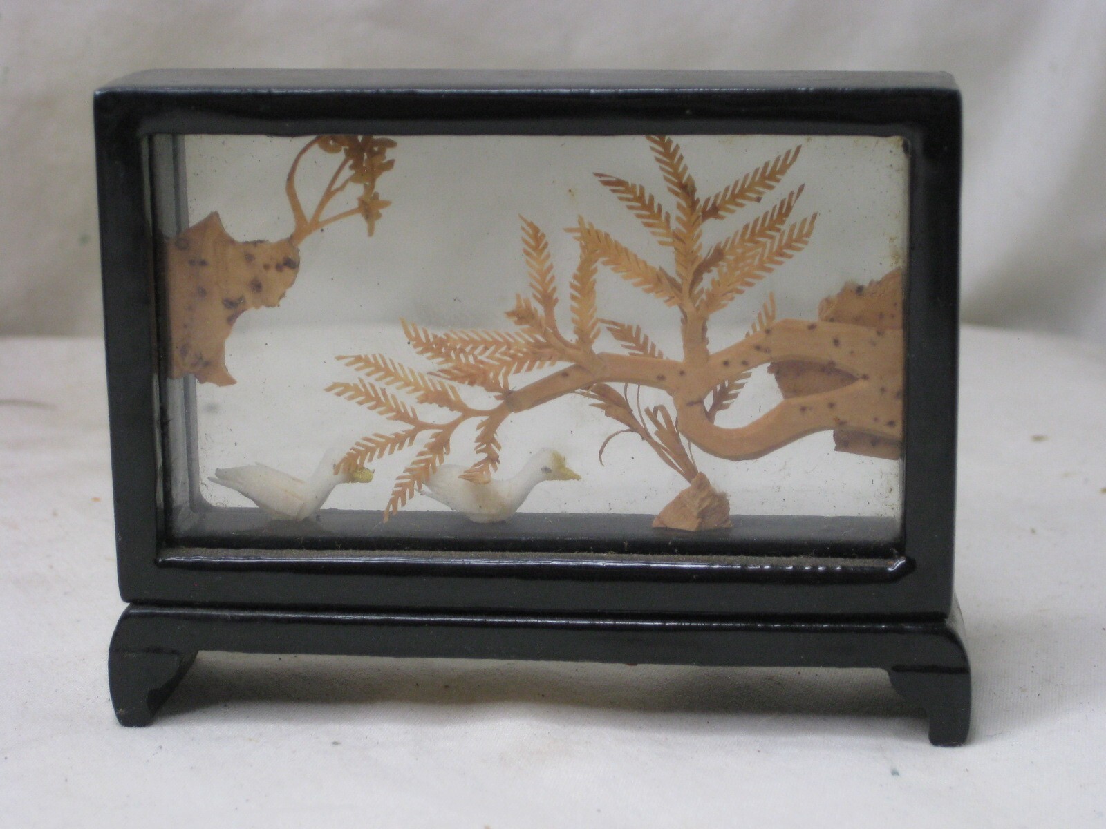 small vintage Chinese cork 2 birds nature scene Asian Oriental crane art