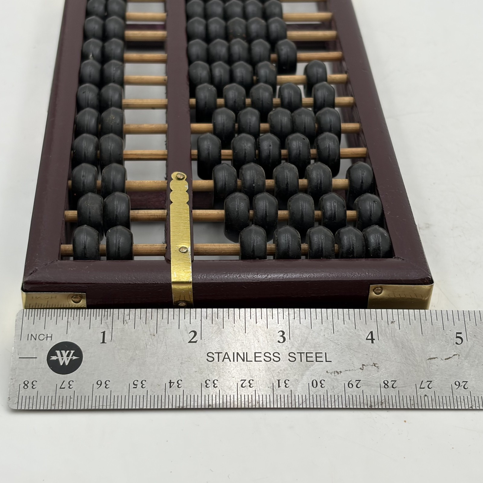 Vintage Chinese Abacus 13 Row 91 Bead Wood & Brass Lotus Flower Brand Calculator