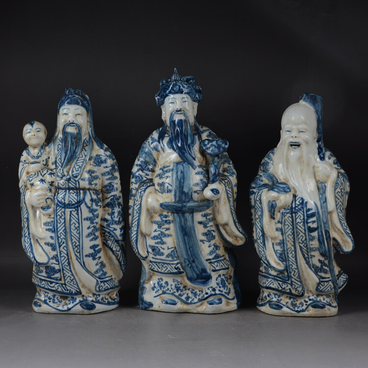 11″ China Blue and White Porcelain 3 Longevity God Fu Lu Shou Life Statues