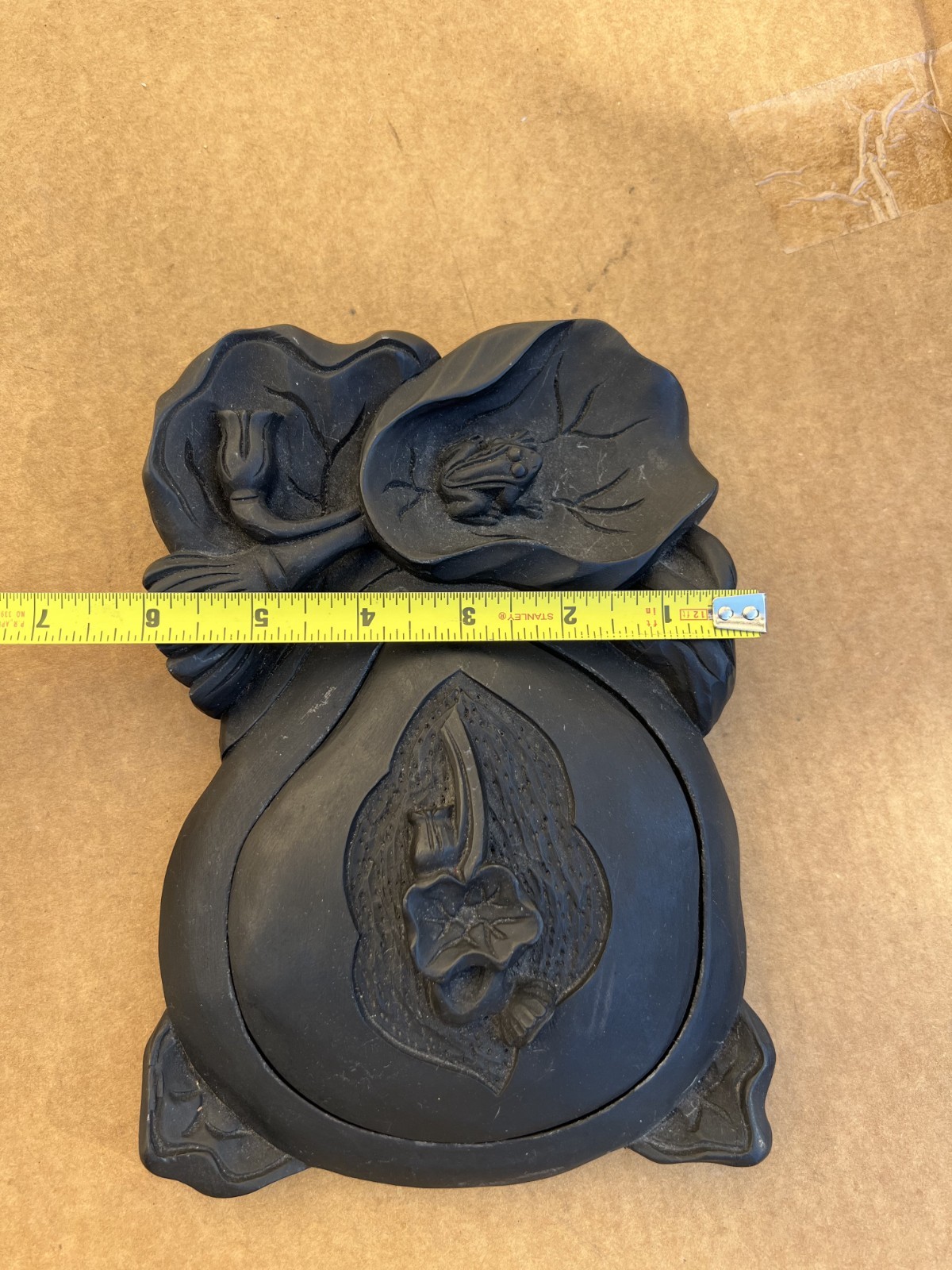 Big Chinese Hand Carved Flower Ink Stone Box w/ Cover 8″ Poem 1980