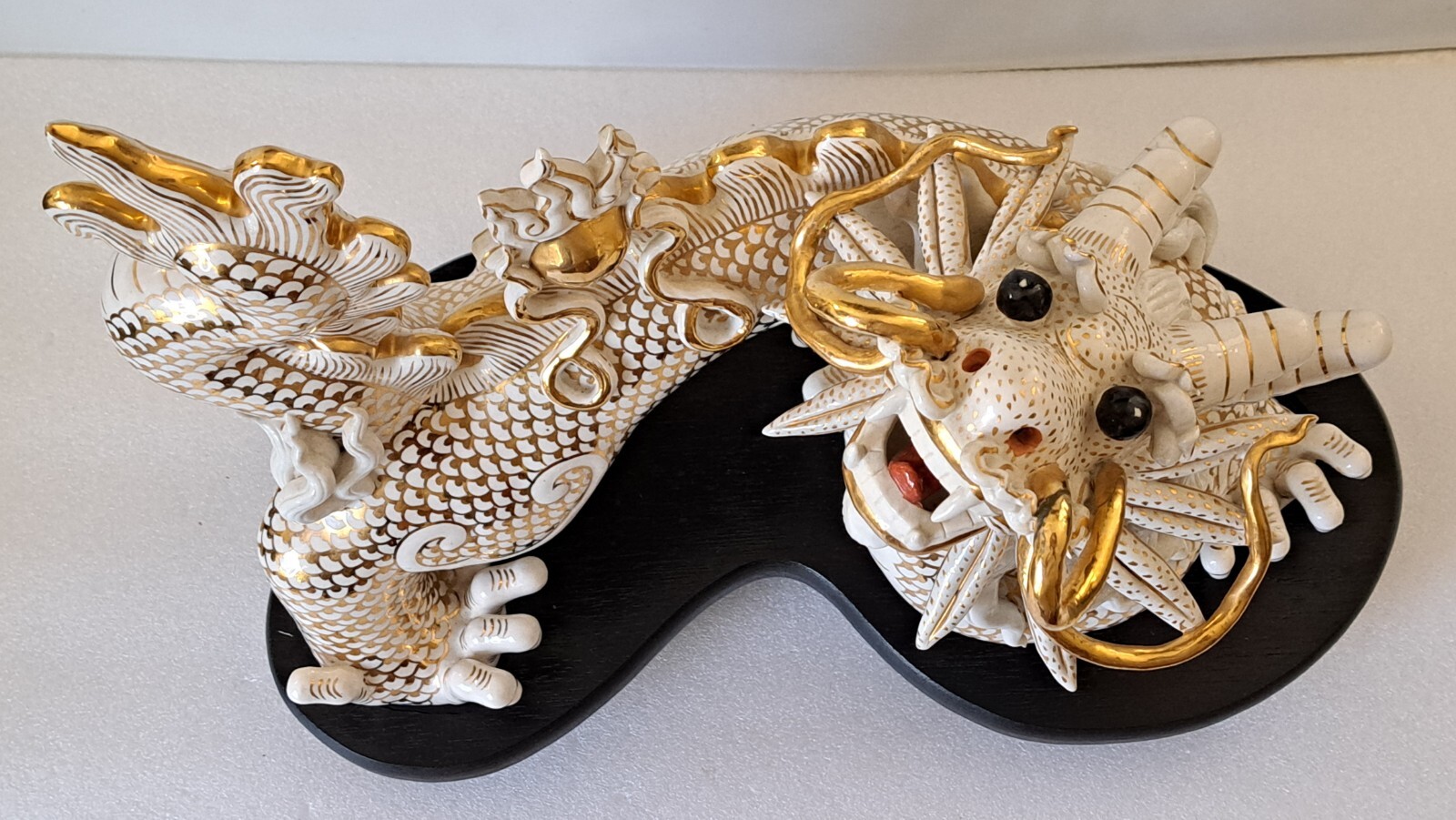 Vintage White/Gold Ceramic Dragon Feng Shui Sculpture 1950s Chinese Zodiac Décor