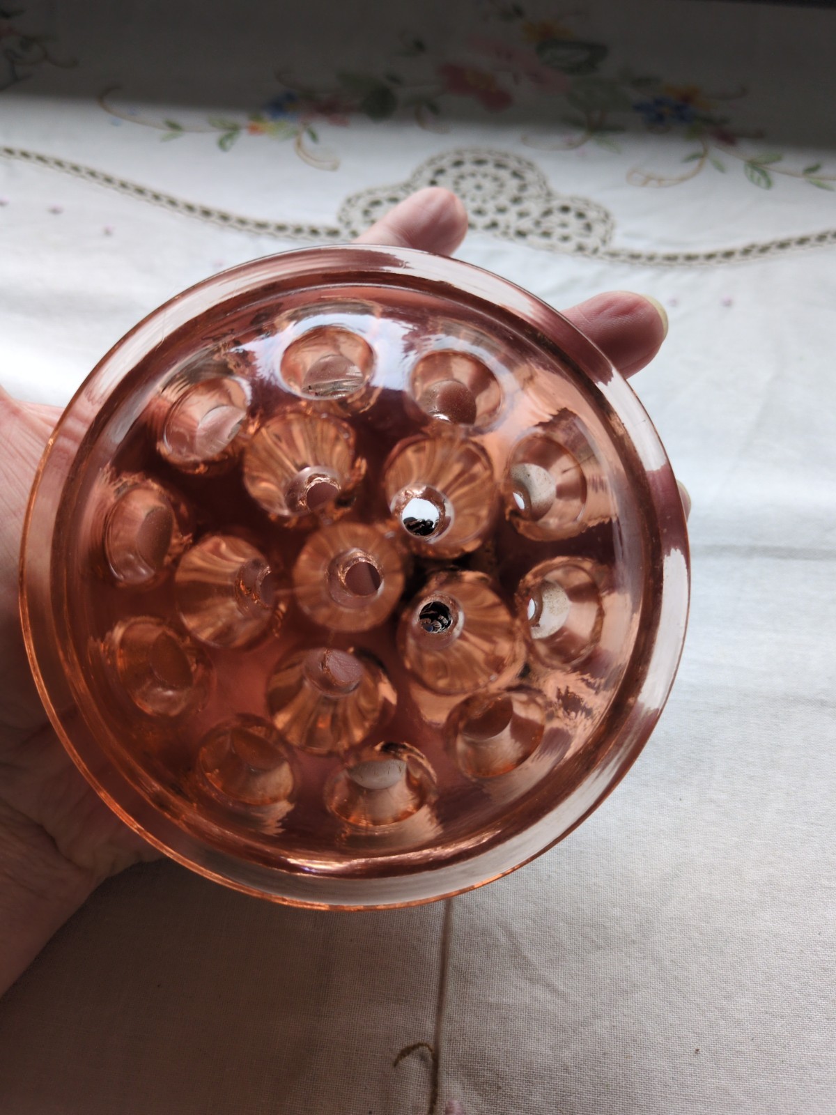 Vintage Pink Depression Glass Flower Frog Stem Holder 16 Hole