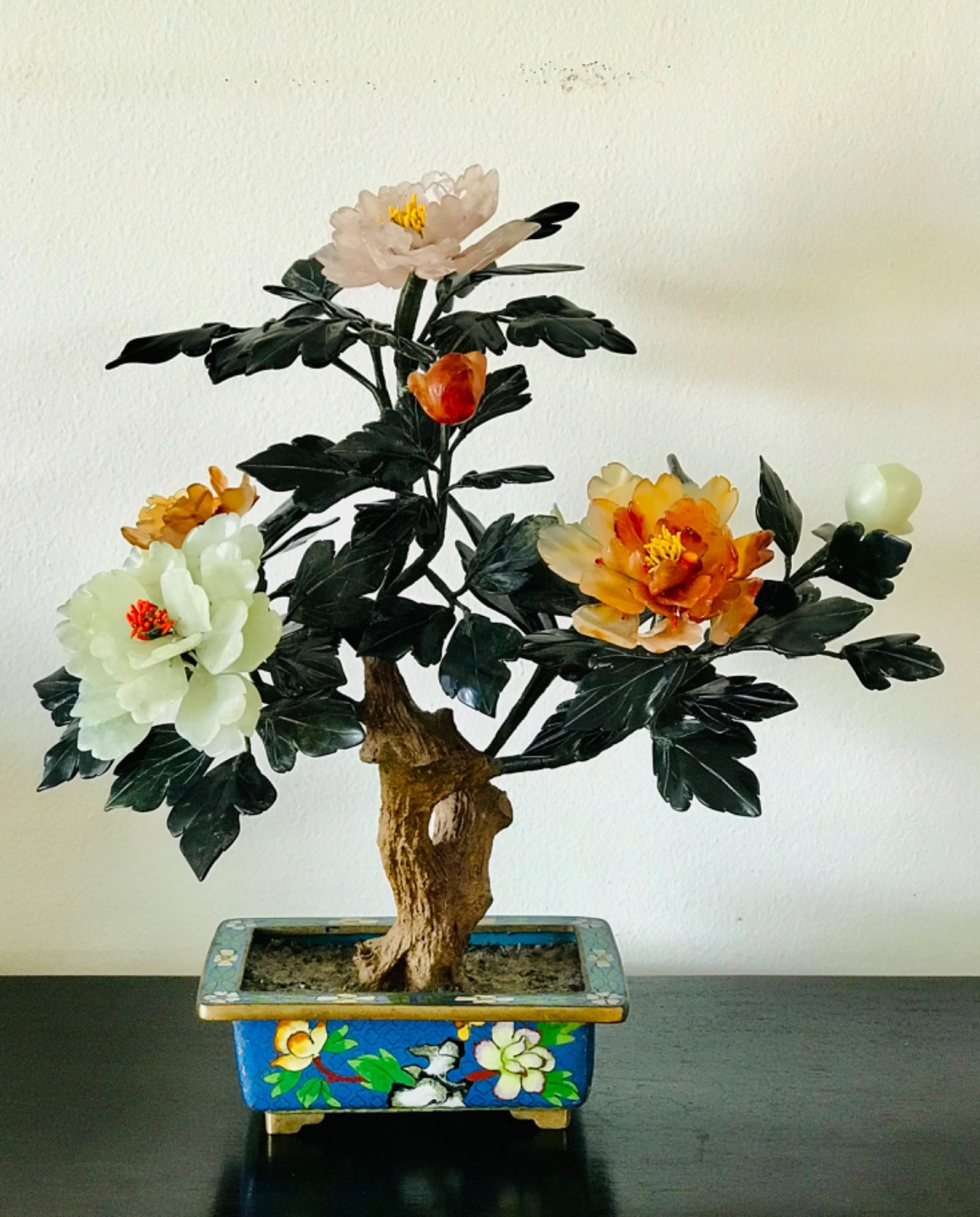 Chinese Vintage Jade Flower Tree in Cloisonne Pot 14″ Inches Tall