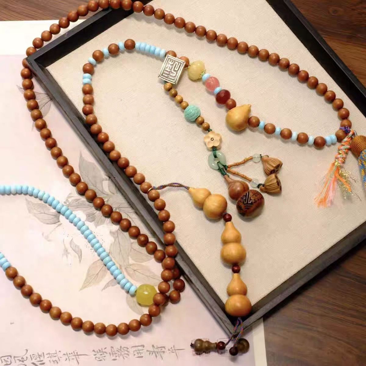 Chinese Style Sandalwood Beaded Crossbody Bag Strap Phone Lanyard