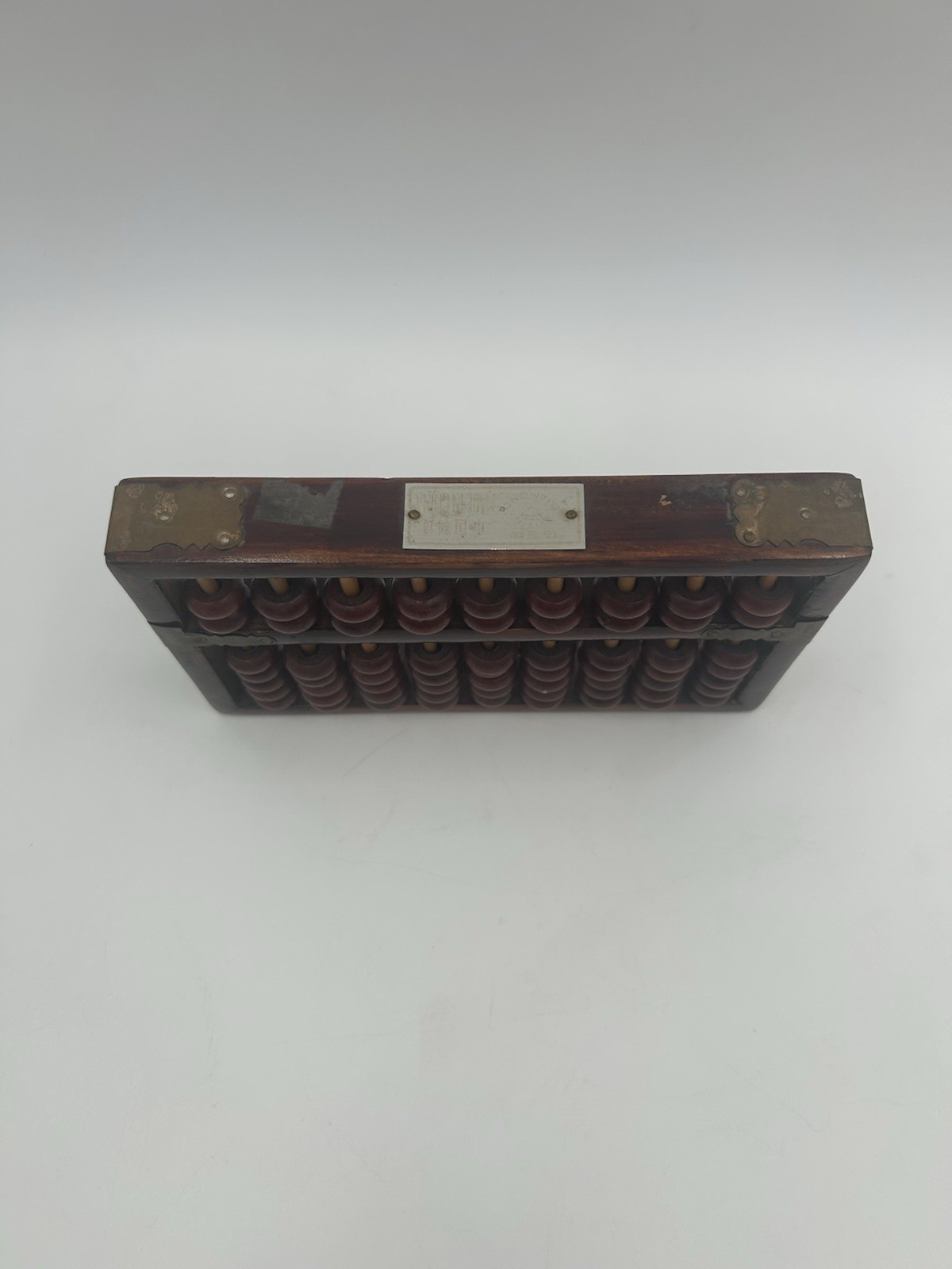 Vtg Chinese Abacus Rose Wood Frame with Brass Binding 9 row and 63 Beads 7”x 4”