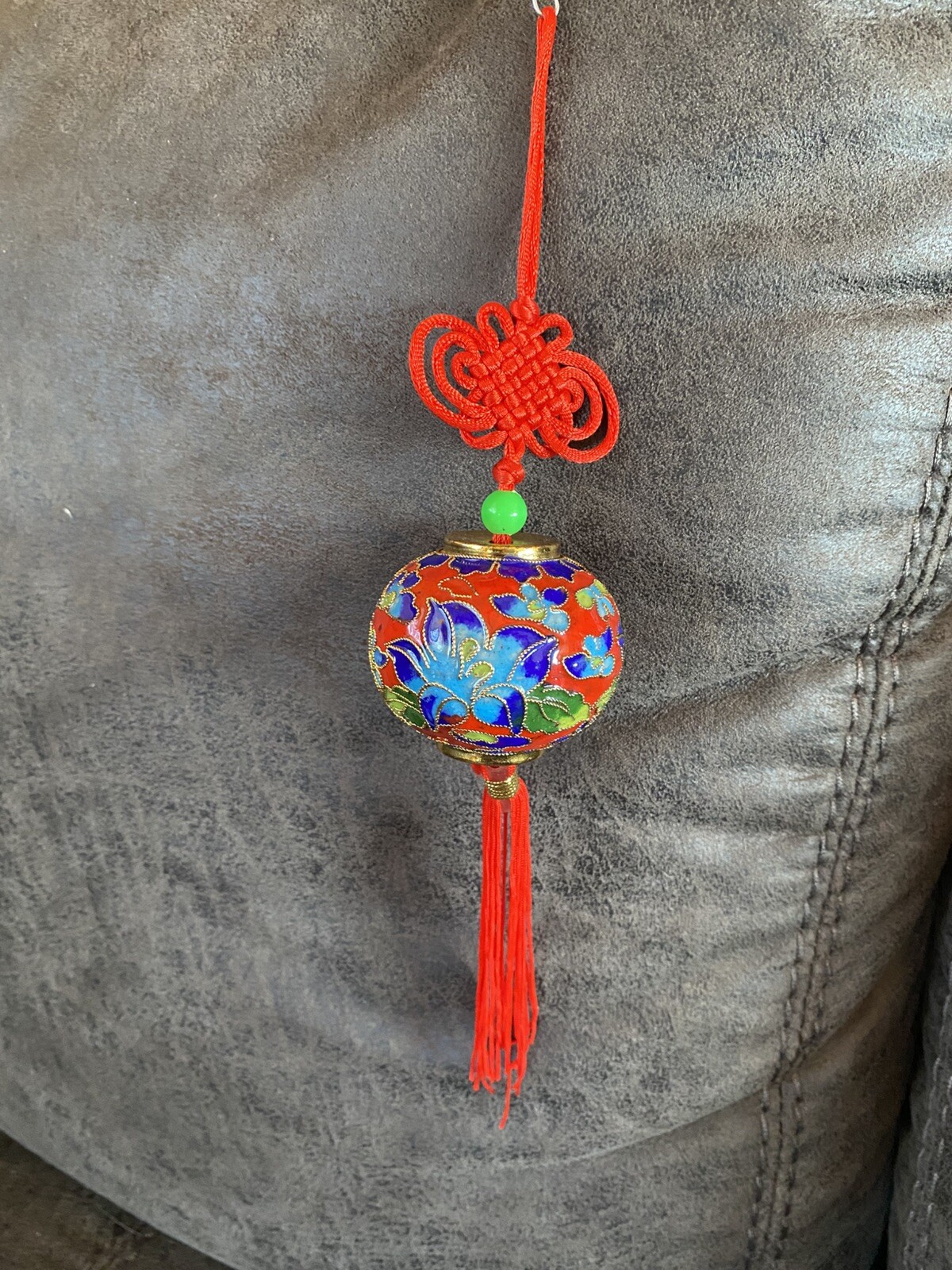 Rare Vtg Oriental Chinese Cloisonne Enamel Ball Gold Red Knot & Tassel Ornament