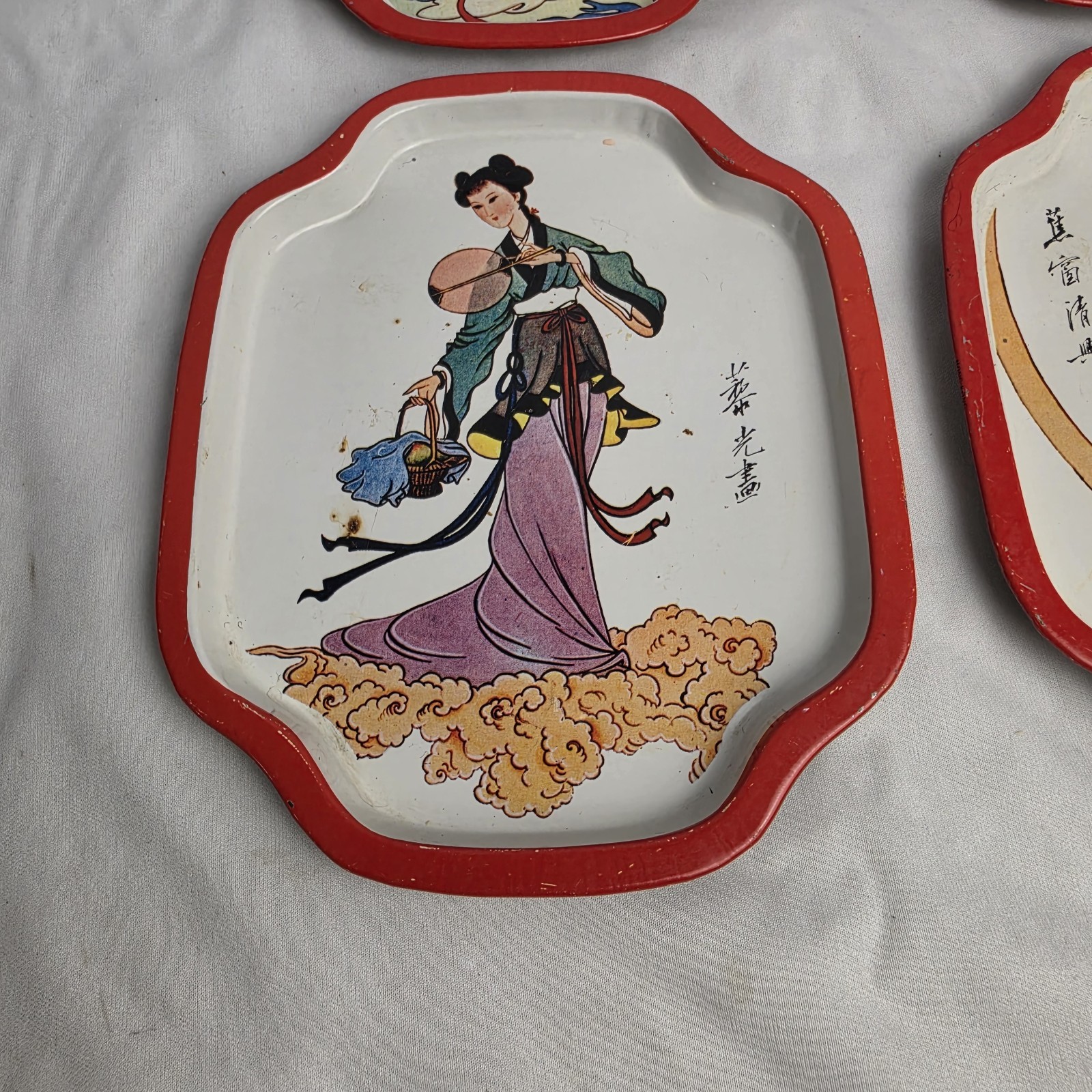 Vintage Asian Theme Tin Tray Set Of 4 Chinese Woman Geisha 1988 Hong Kong Made